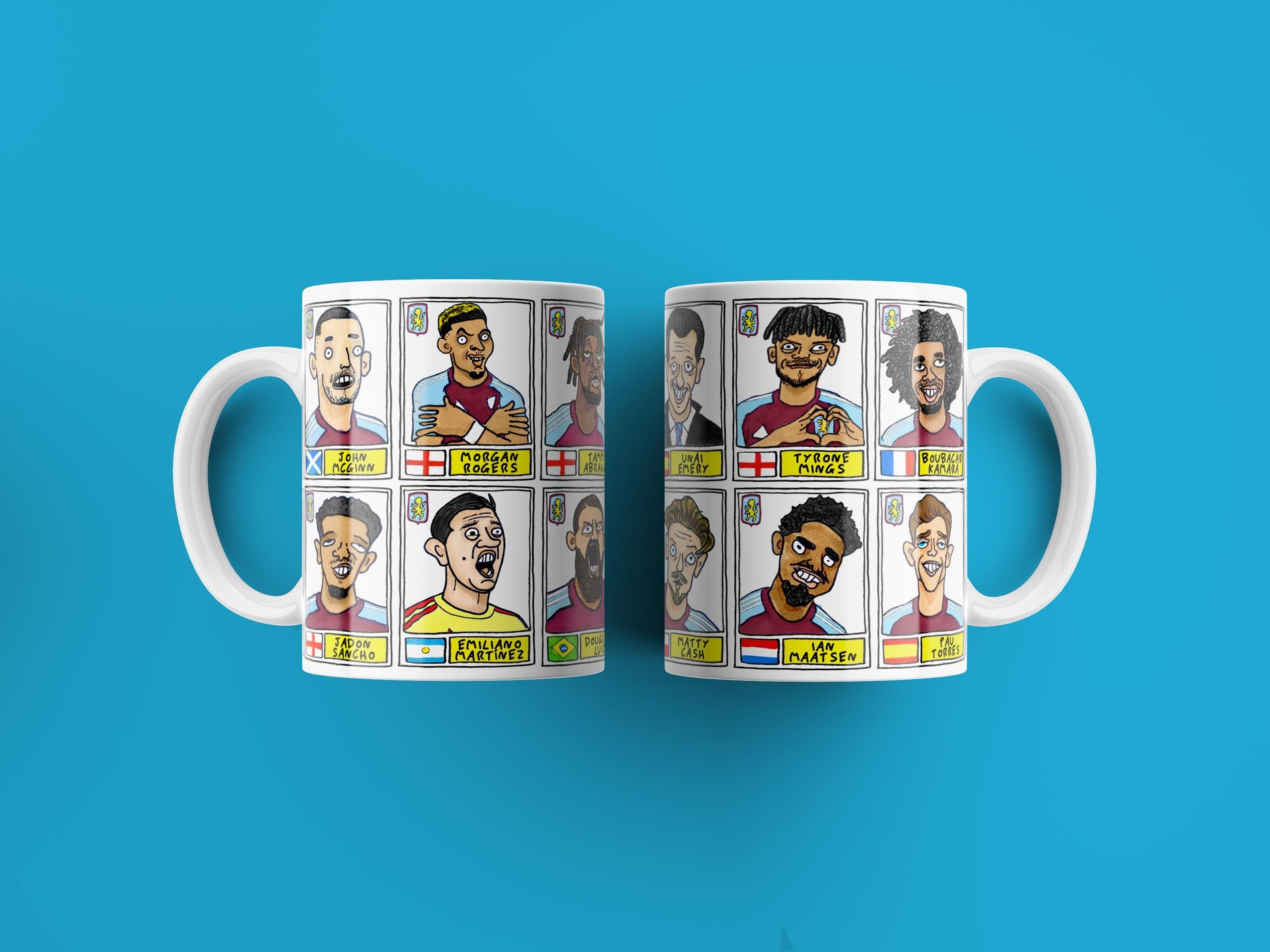 Aston Villa Emery 25/26 No Score Draws Mug Set - Set of TWO DIFFERENT 11oz Ceramic Mugs with Wonky Panini-style AVFC Doodles Of Emery & Co