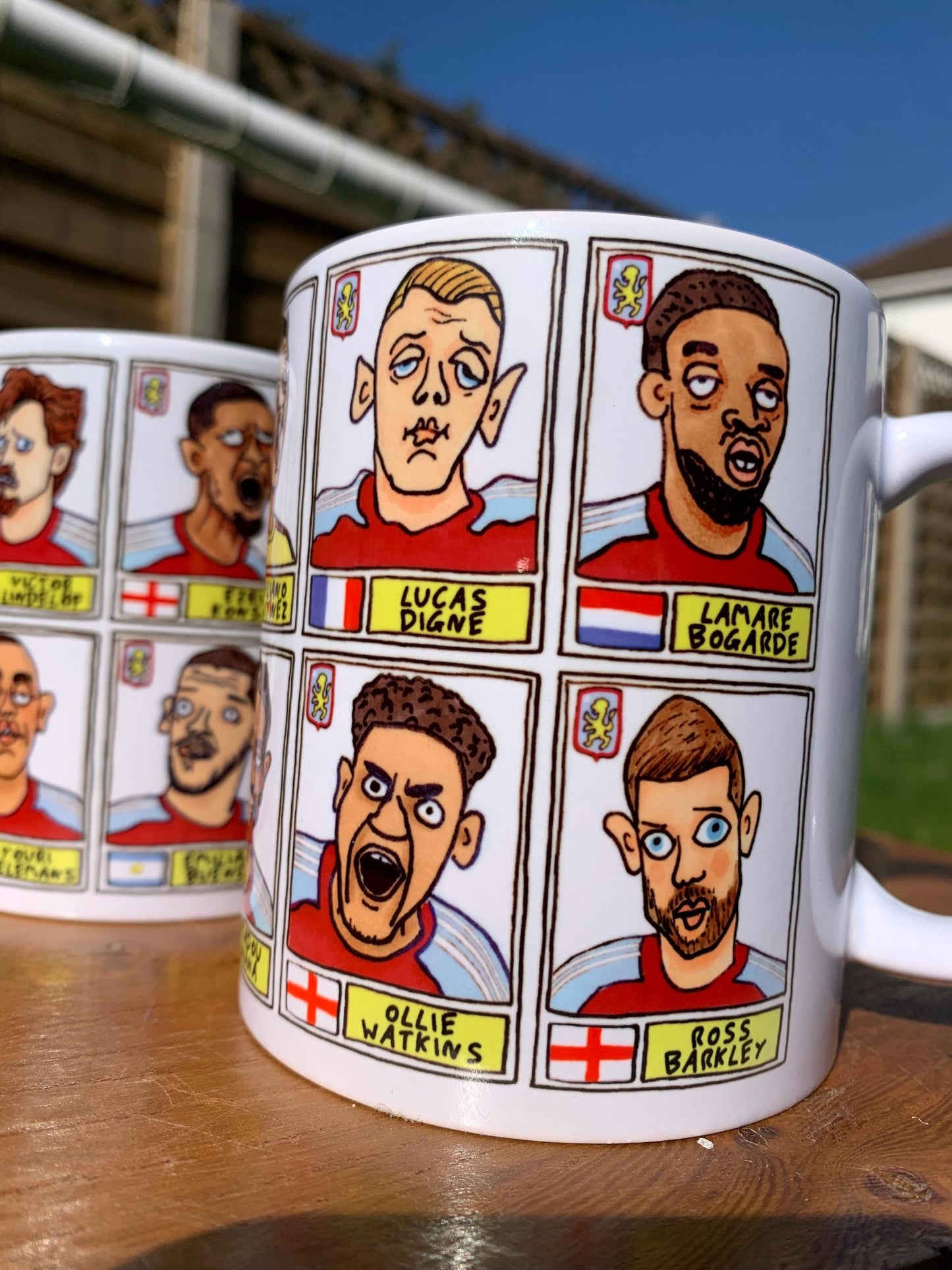 Aston Villa Emery 25/26 No Score Draws Mug Set - Set of TWO DIFFERENT 11oz Ceramic Mugs with Wonky Panini-style AVFC Doodles Of Emery & Co