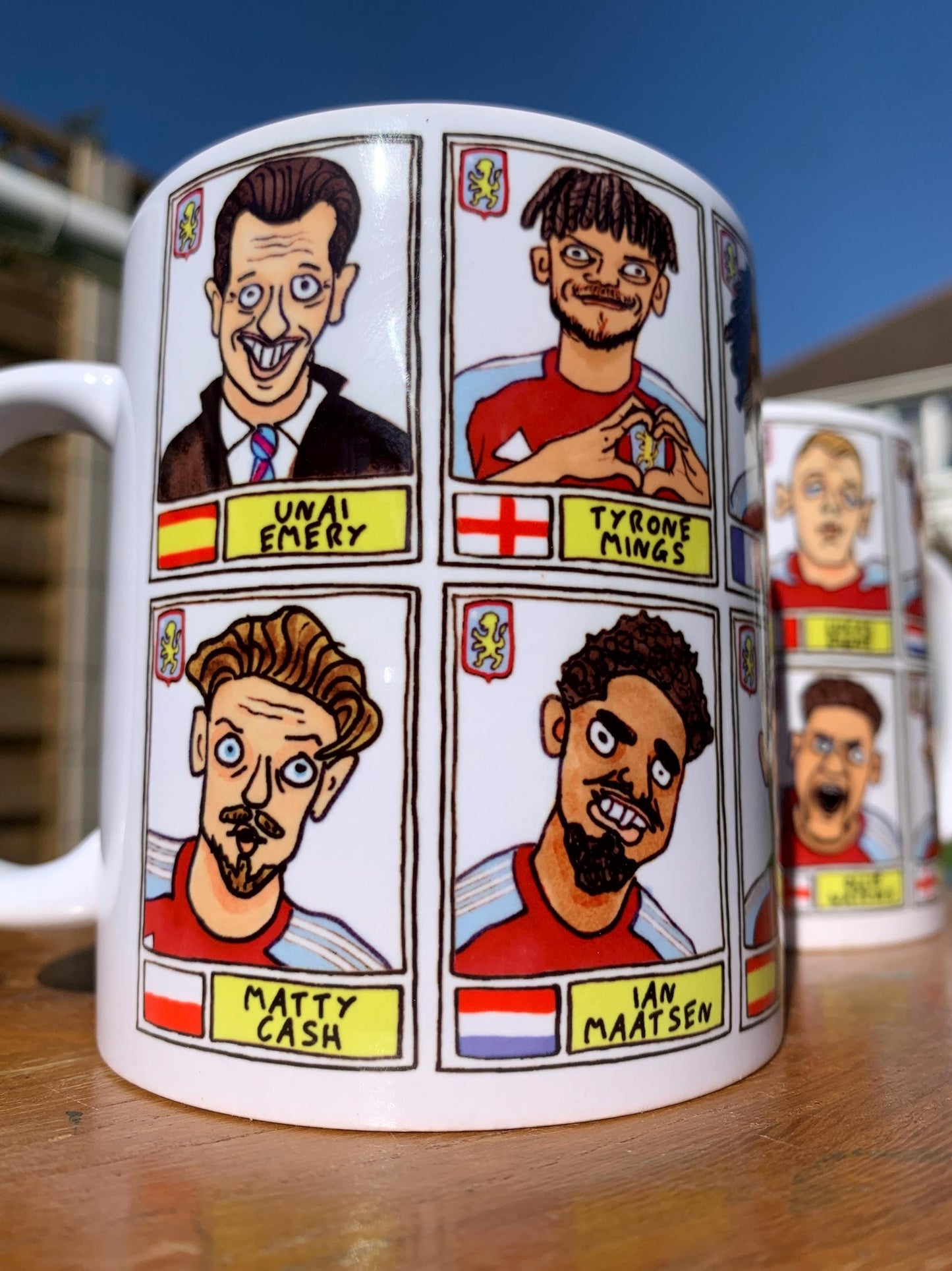Aston Villa Emery 25/26 No Score Draws Mug Set - Set of TWO DIFFERENT 11oz Ceramic Mugs with Wonky Panini-style AVFC Doodles Of Emery & Co