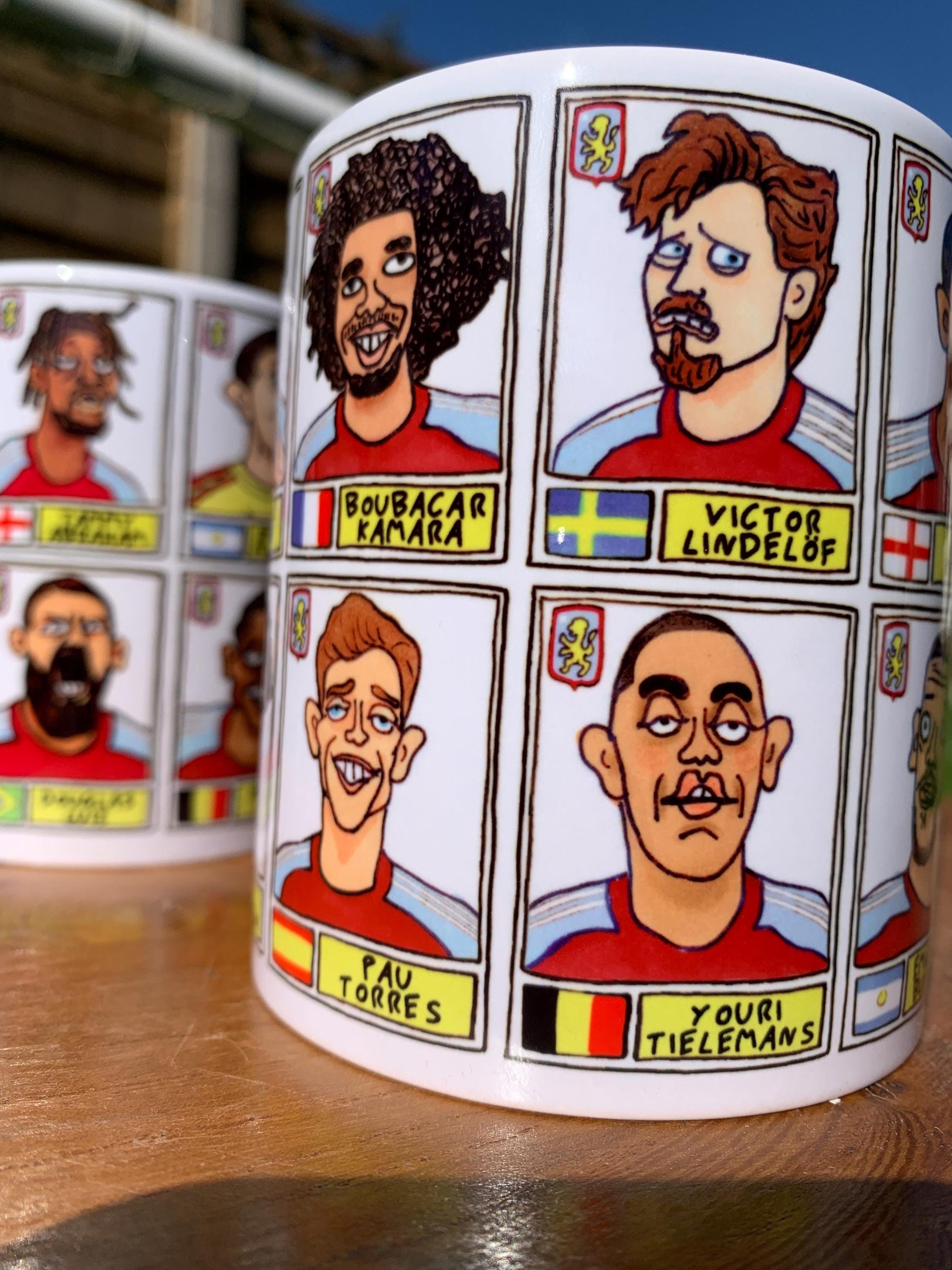 Aston Villa Emery 25/26 No Score Draws Mug Set - Set of TWO DIFFERENT 11oz Ceramic Mugs with Wonky Panini-style AVFC Doodles Of Emery & Co