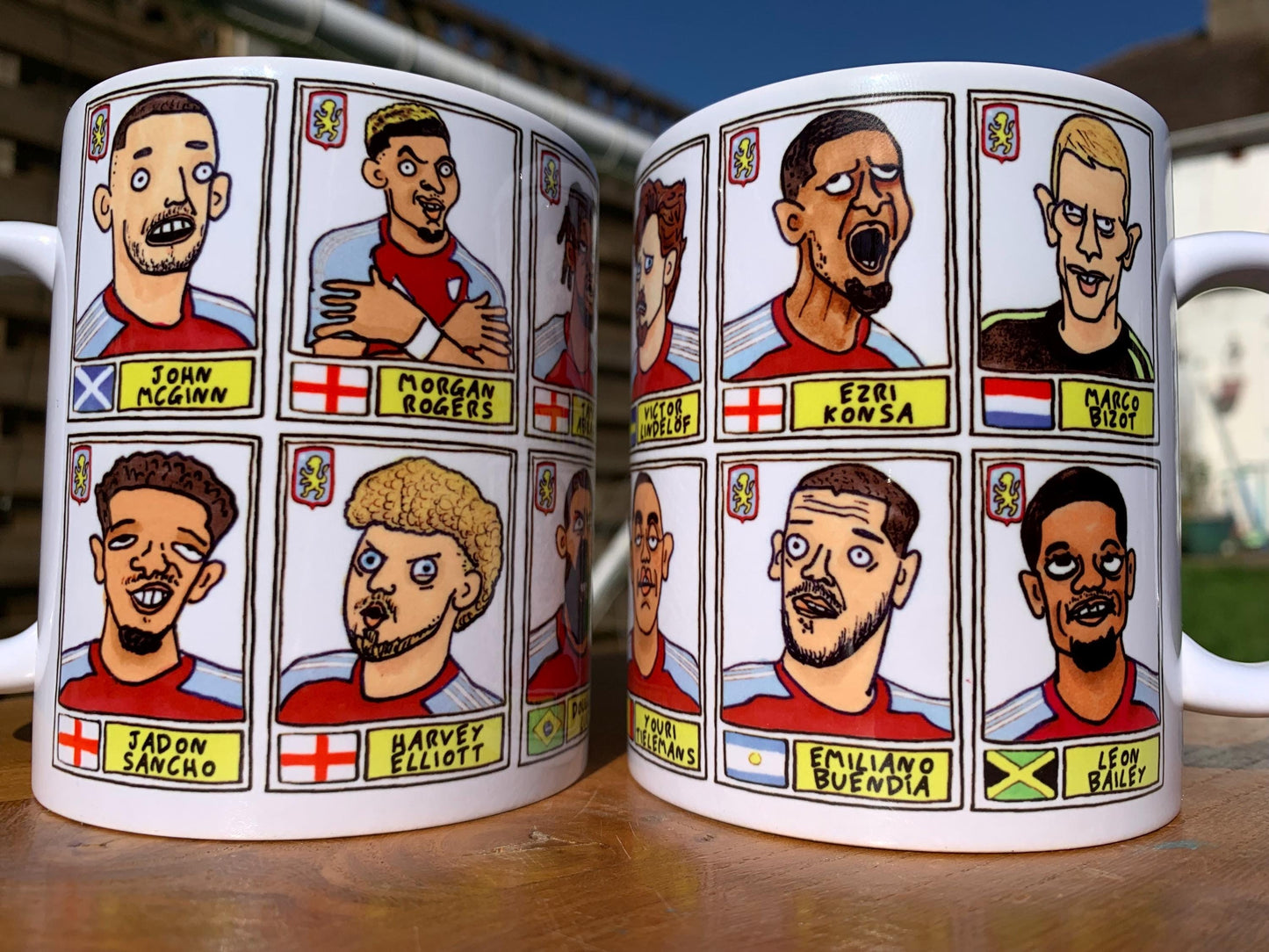 Aston Villa Emery 25/26 No Score Draws Mug Set - Set of TWO DIFFERENT 11oz Ceramic Mugs with Wonky Panini-style AVFC Doodles Of Emery & Co