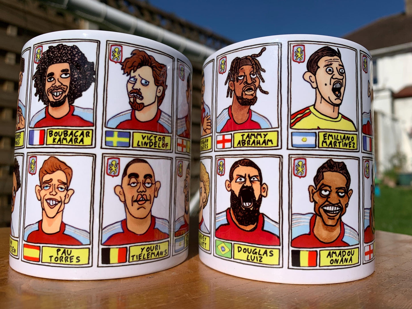 Aston Villa Emery 25/26 No Score Draws Mug Set - Set of TWO DIFFERENT 11oz Ceramic Mugs with Wonky Panini-style AVFC Doodles Of Emery & Co