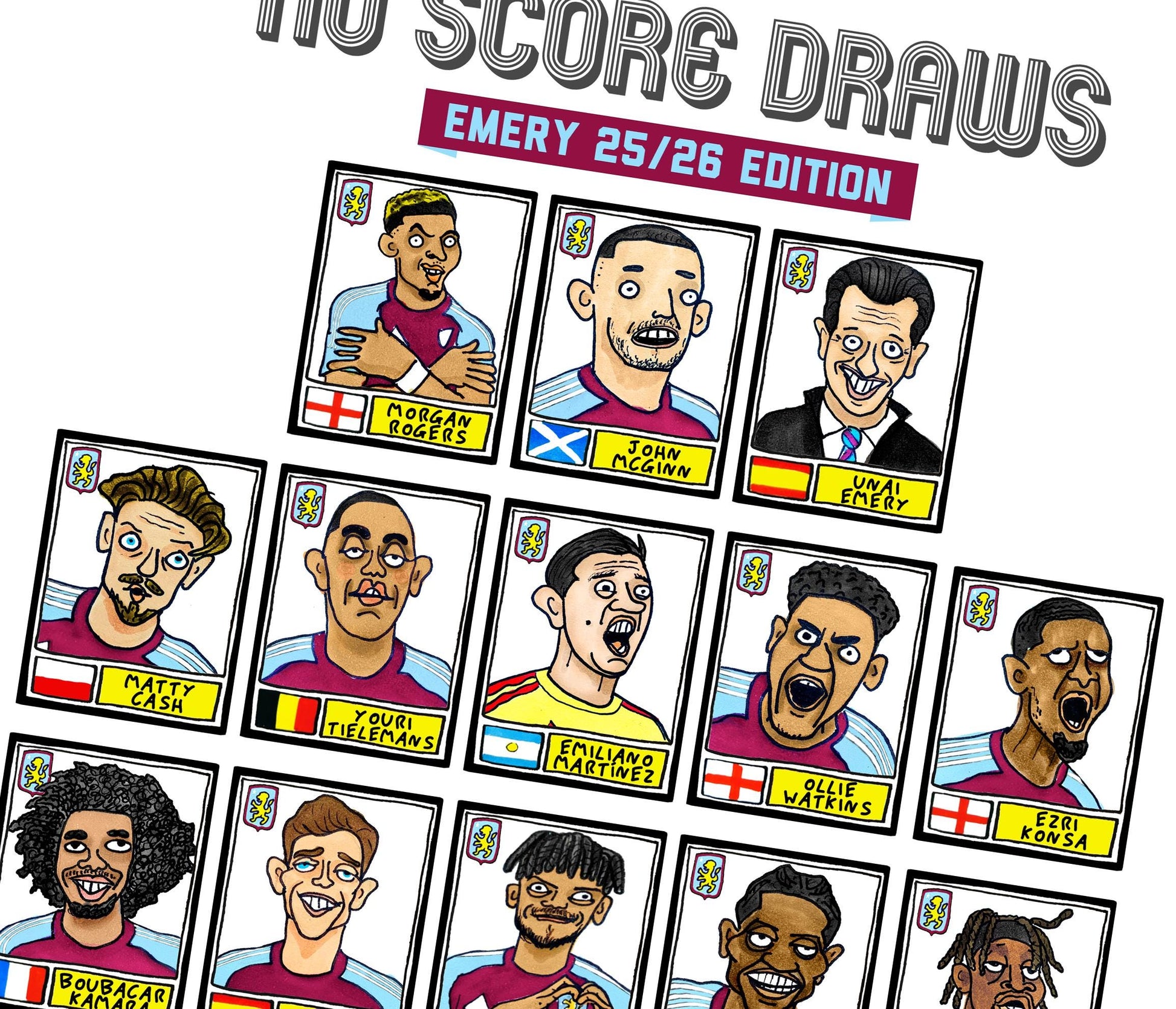 Aston Villa 25/26 - No Score Draws Emery 25/26Edition - A3 print of 24 Wonky Panini-style football doodles of Unai Emery's 25/26 AVFC Side