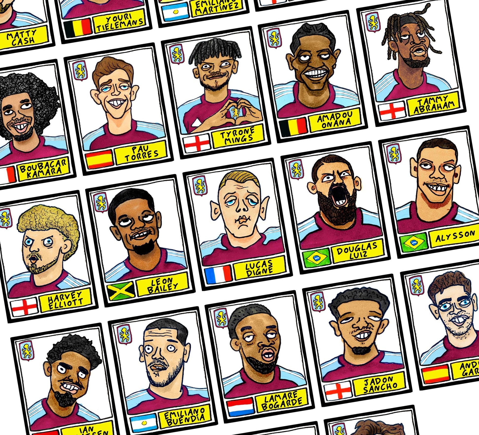 Aston Villa 25/26 - No Score Draws Emery 25/26Edition - A3 print of 24 Wonky Panini-style football doodles of Unai Emery's 25/26 AVFC Side