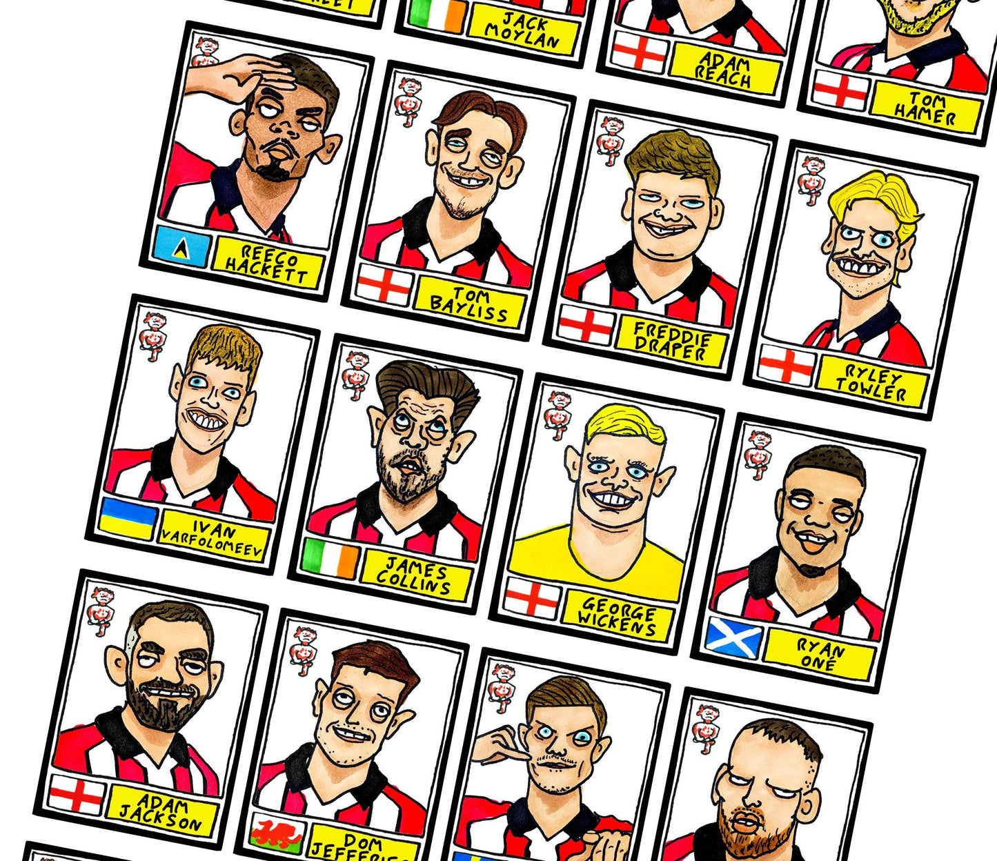 Lincoln City Vol 2 - No Score Draws Imps Going Up Edition - A3 print of 24 Wonky Panini-Style No Score Draws Doodles Of LCFC's 25/26 Side