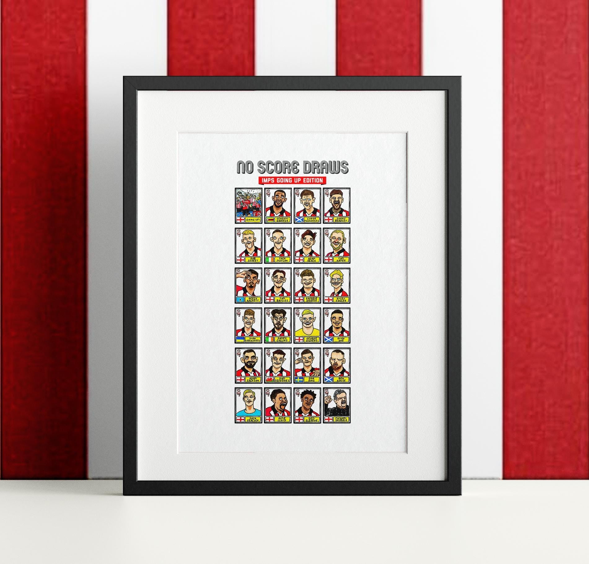 Lincoln City Vol 2 - No Score Draws Imps Going Up Edition - A3 print of 24 Wonky Panini-Style No Score Draws Doodles Of LCFC's 25/26 Side