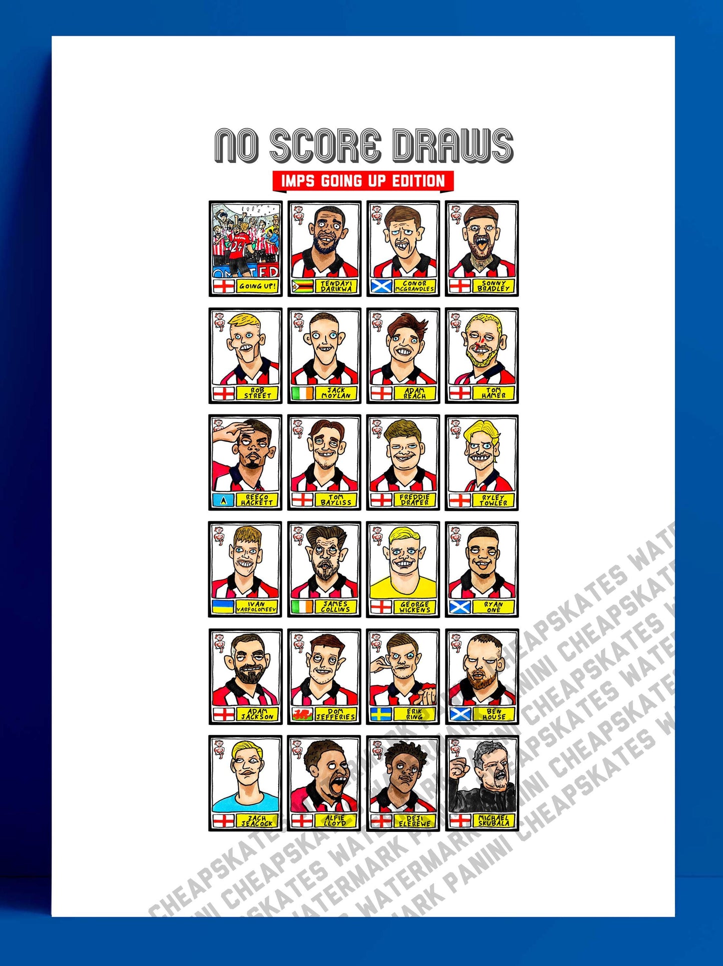 Lincoln City Vol 2 - No Score Draws Imps Going Up Edition - A3 print of 24 Wonky Panini-Style No Score Draws Doodles Of LCFC's 25/26 Side