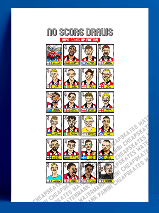 Lincoln City Vol 2 - No Score Draws Imps Going Up Edition - A3 print of 24 Wonky Panini-Style No Score Draws Doodles Of LCFC's 25/26 Side