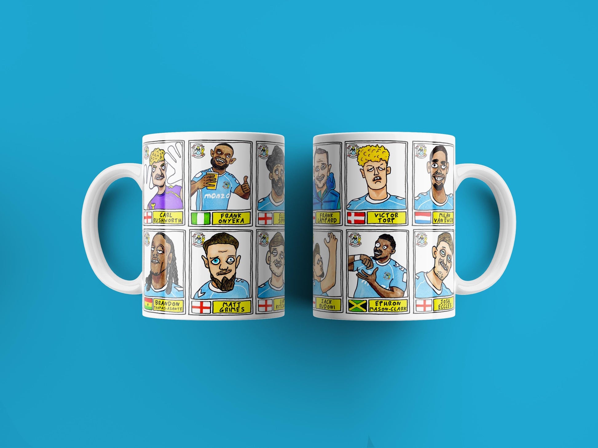 Coventry City Vol 2 - Sky Blues Going Up No Score Draws Mug Set - Set of TWO DIFFERENT 11oz Ceramic Mugs with Wonky CCFC Doodles