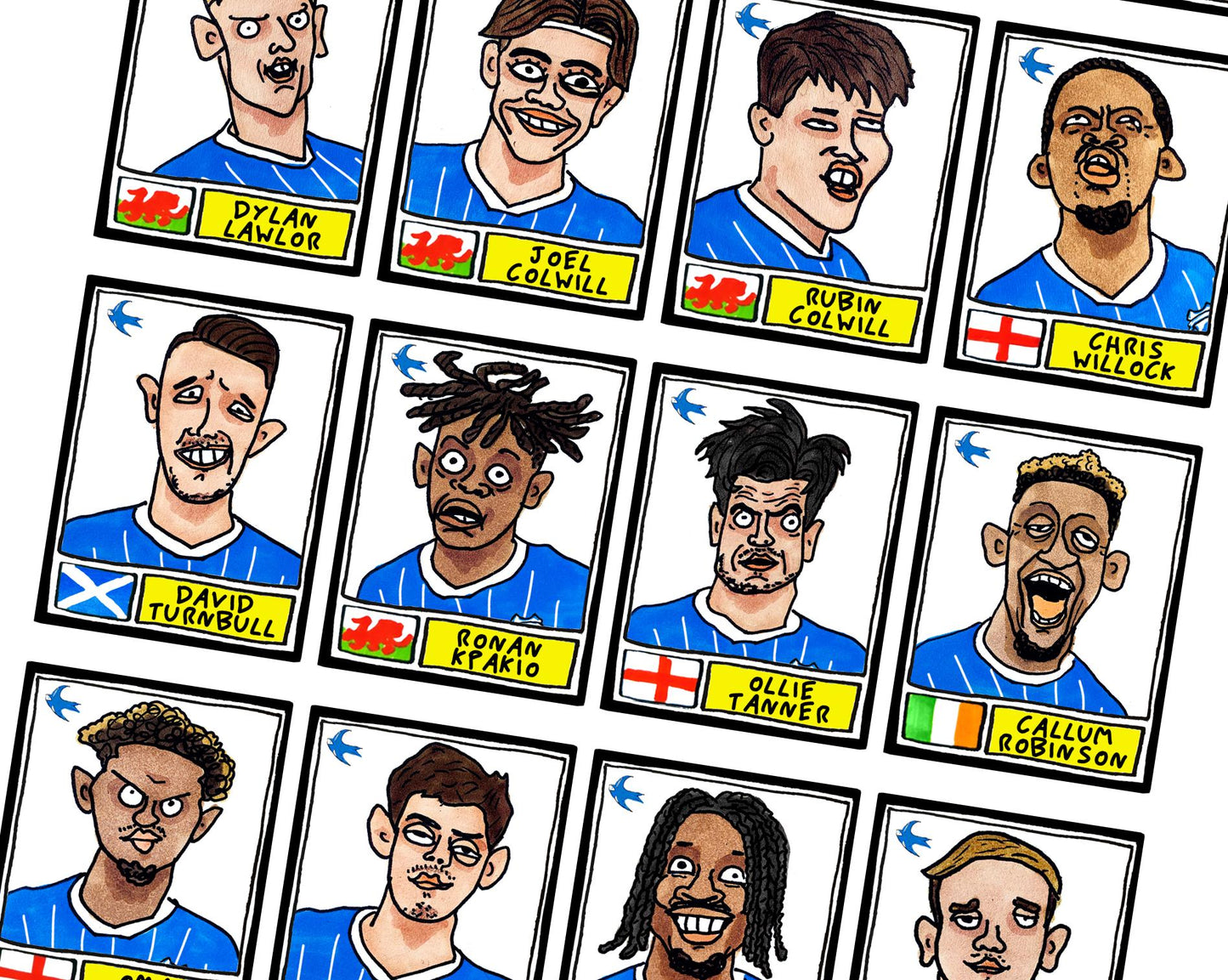 Cardiff City Vol 2 - No Score Draws Bluebirds Going Up Edition - A3 print of 24 Wonky Panini-Style Doodles Of CCFC's Promotion-Winning Side