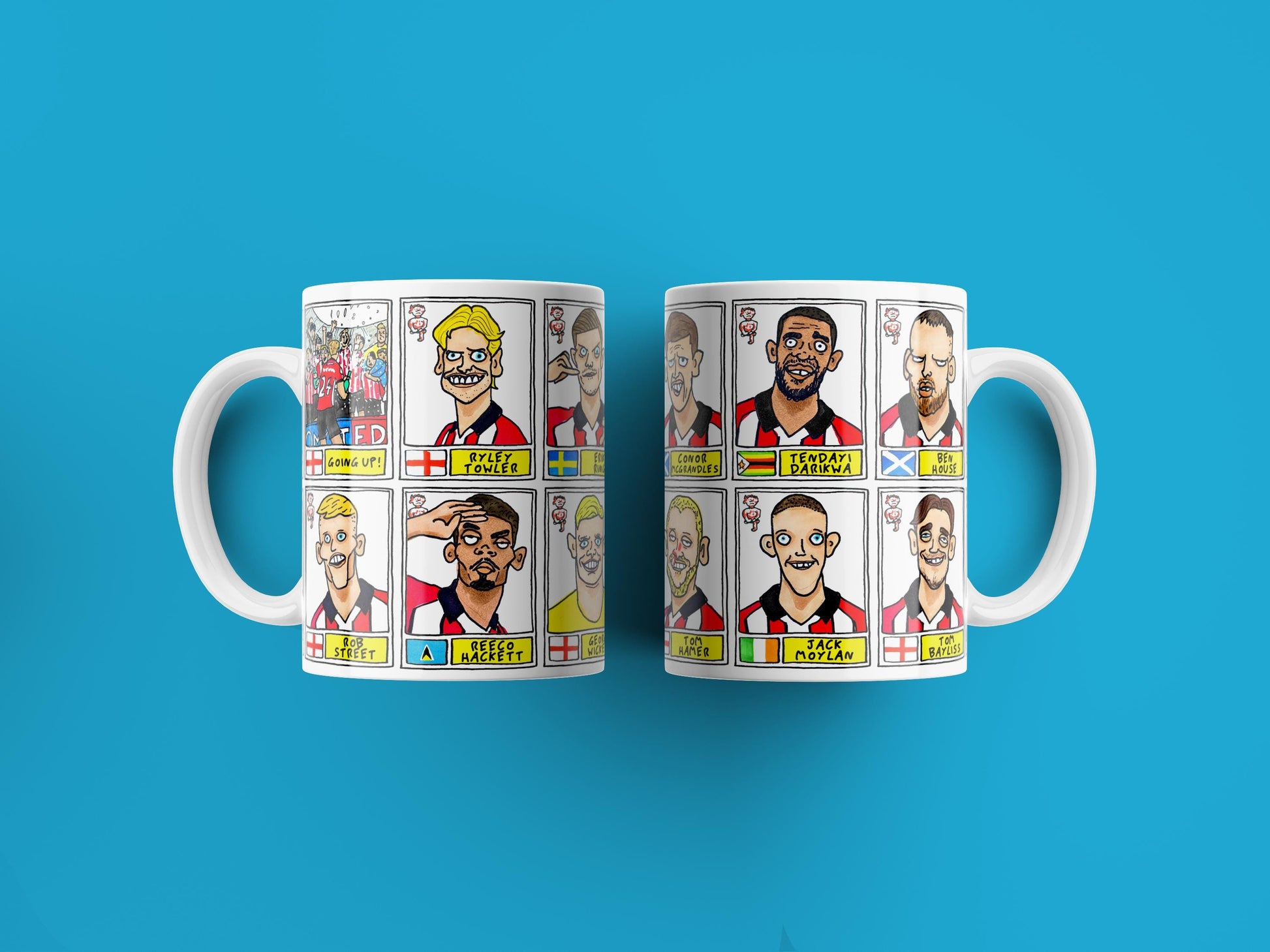Lincoln City Vol 2 - Imps Going Up 25/26 No Score Draws Mug Set - Set of TWO DIFFERENT 11oz Mugs with Wonky Doodles of LCFC's Promotion Side