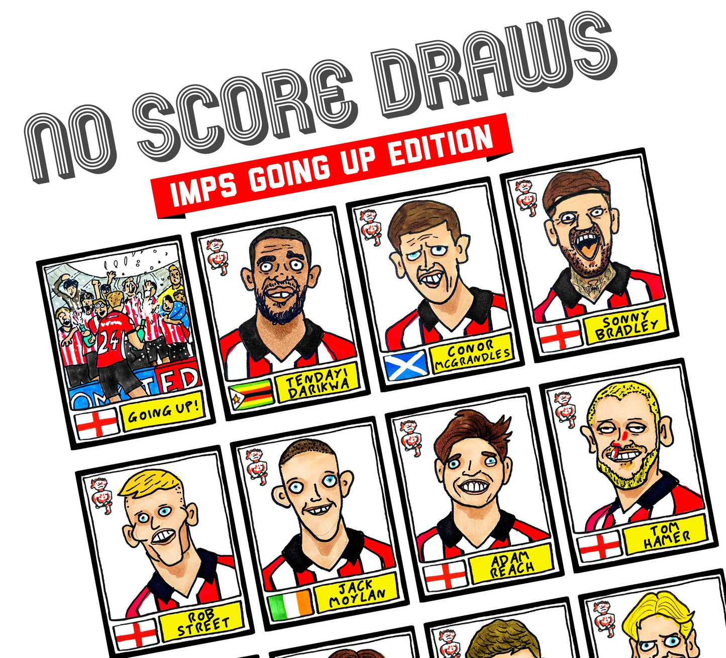 Lincoln City Vol 2 - No Score Draws Imps Going Up Edition - A3 print of 24 Wonky Panini-Style No Score Draws Doodles Of LCFC's 25/26 Side