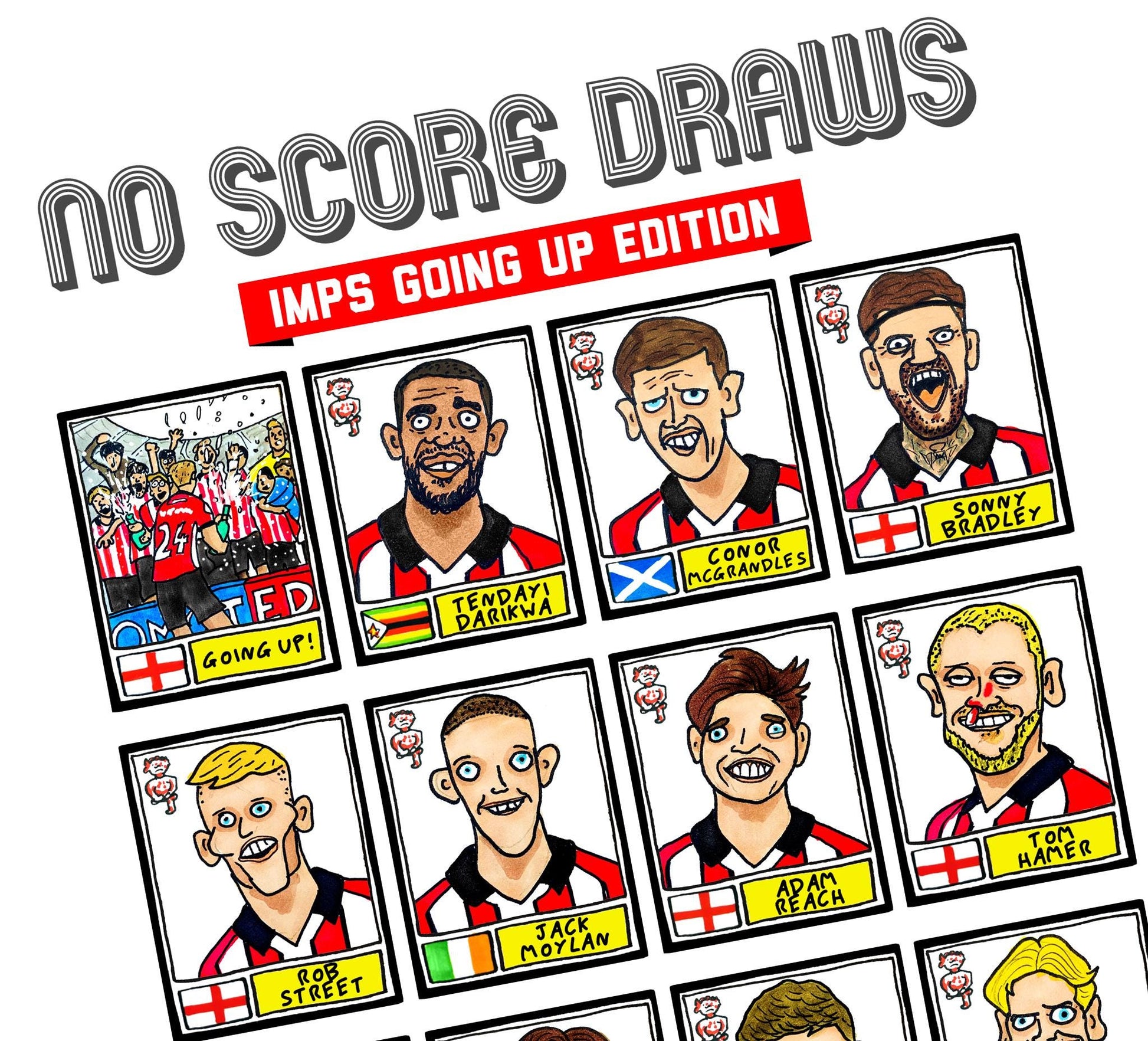 Lincoln City Vol 2 - No Score Draws Imps Going Up Edition - A3 print of 24 Wonky Panini-Style No Score Draws Doodles Of LCFC's 25/26 Side