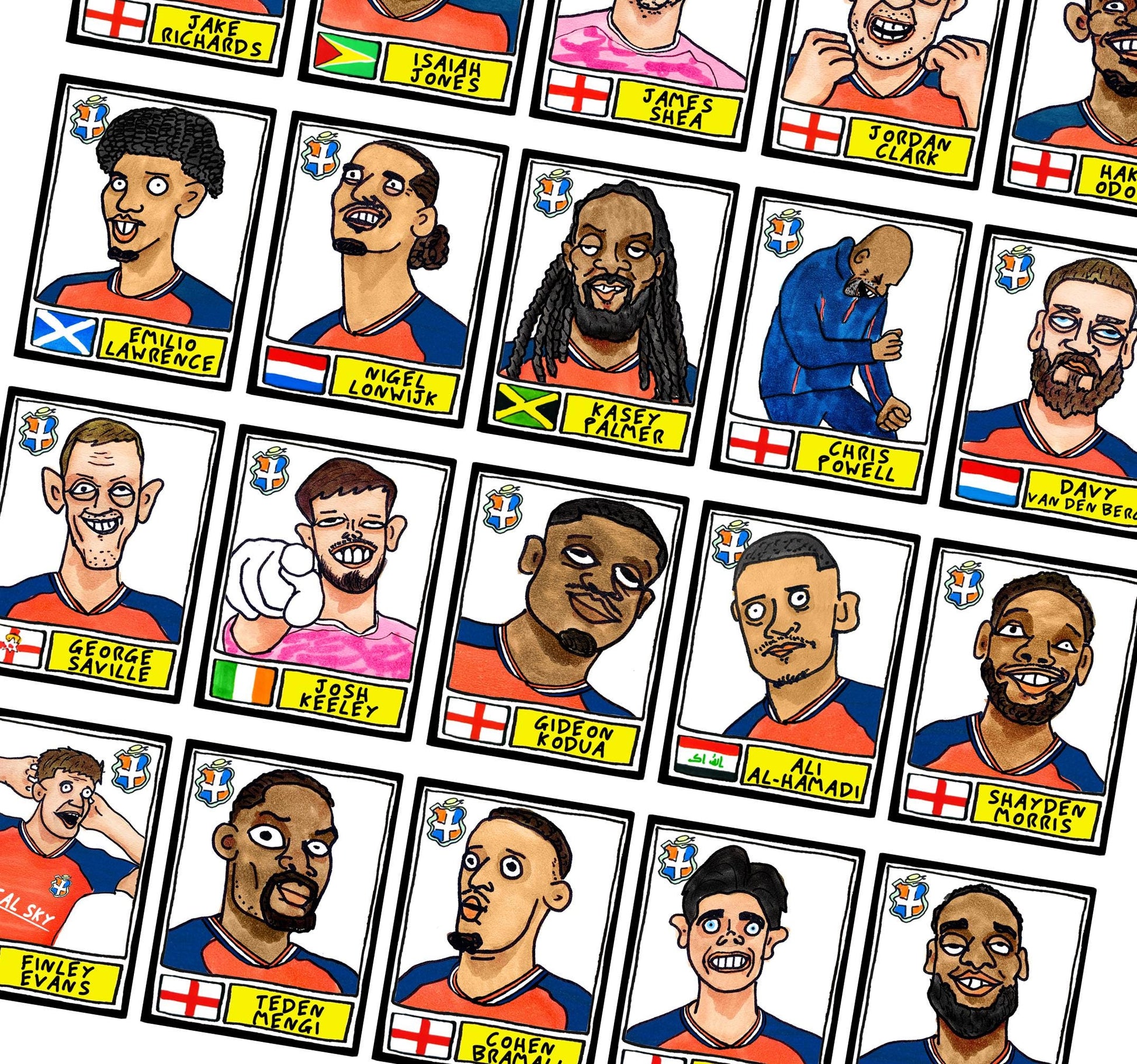 Luton Town Vol 4 - No Score Draws 'El Hattico' Edition - A3 print of 26 Wonky Panini-style Doodles of LTFC's 25/26 Wembley Winners