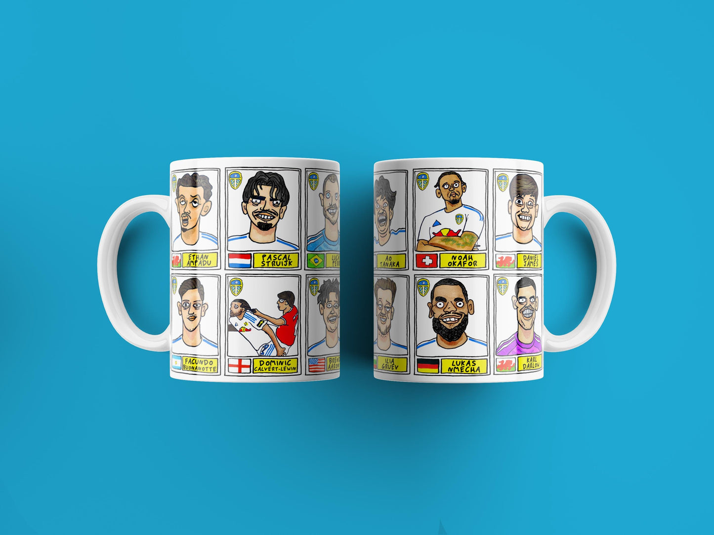 Leeds United 25/26 No Score Draws Mug Set - Set of TWO DIFFERENT 11oz Ceramic Mugs with Wonky Panini-Doodles Of Daniel Farke's PL Squad