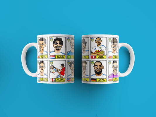 Leeds United 25/26 No Score Draws Mug Set - Set of TWO DIFFERENT 11oz Ceramic Mugs with Wonky Panini-Doodles Of Daniel Farke's PL Squad
