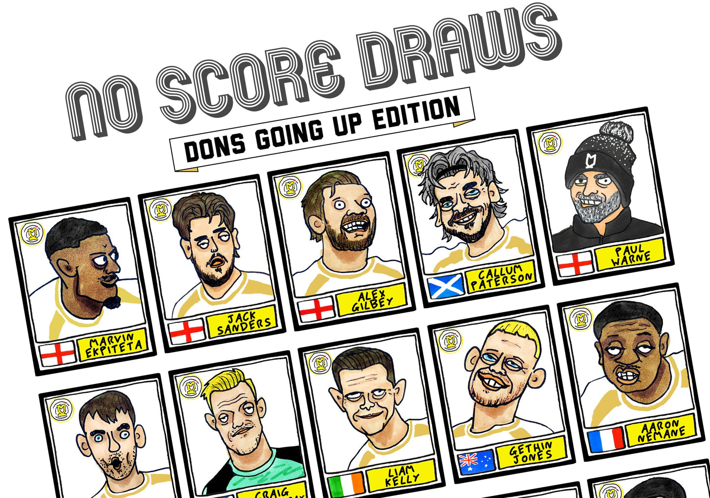 MK Dons - No Score Draws Dons Going Up Edition - A3 print of 26 Hand-Drawn Panini-style Wonky MKDFC 25/26 Promotion-Winners Poster Print