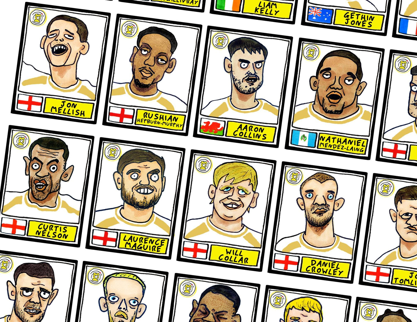 MK Dons - No Score Draws Dons Going Up Edition - A3 print of 26 Hand-Drawn Panini-style Wonky MKDFC 25/26 Promotion-Winners Poster Print