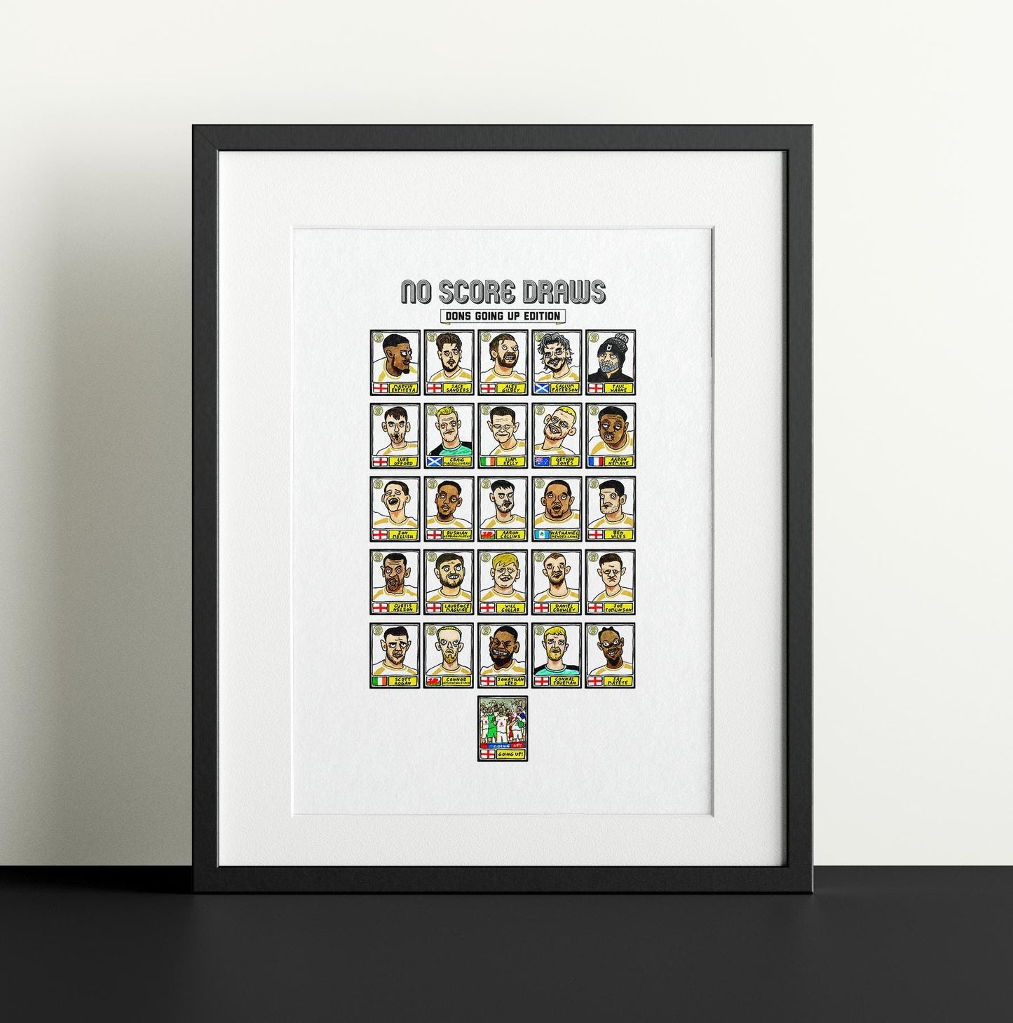 MK Dons - No Score Draws Dons Going Up Edition - A3 print of 26 Hand-Drawn Panini-style Wonky MKDFC 25/26 Promotion-Winners Poster Print