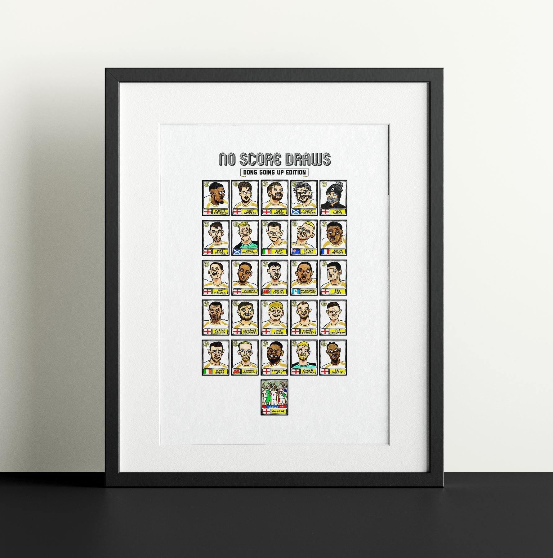 MK Dons - No Score Draws Dons Going Up Edition - A3 print of 26 Hand-Drawn Panini-style Wonky MKDFC 25/26 Promotion-Winners Poster Print