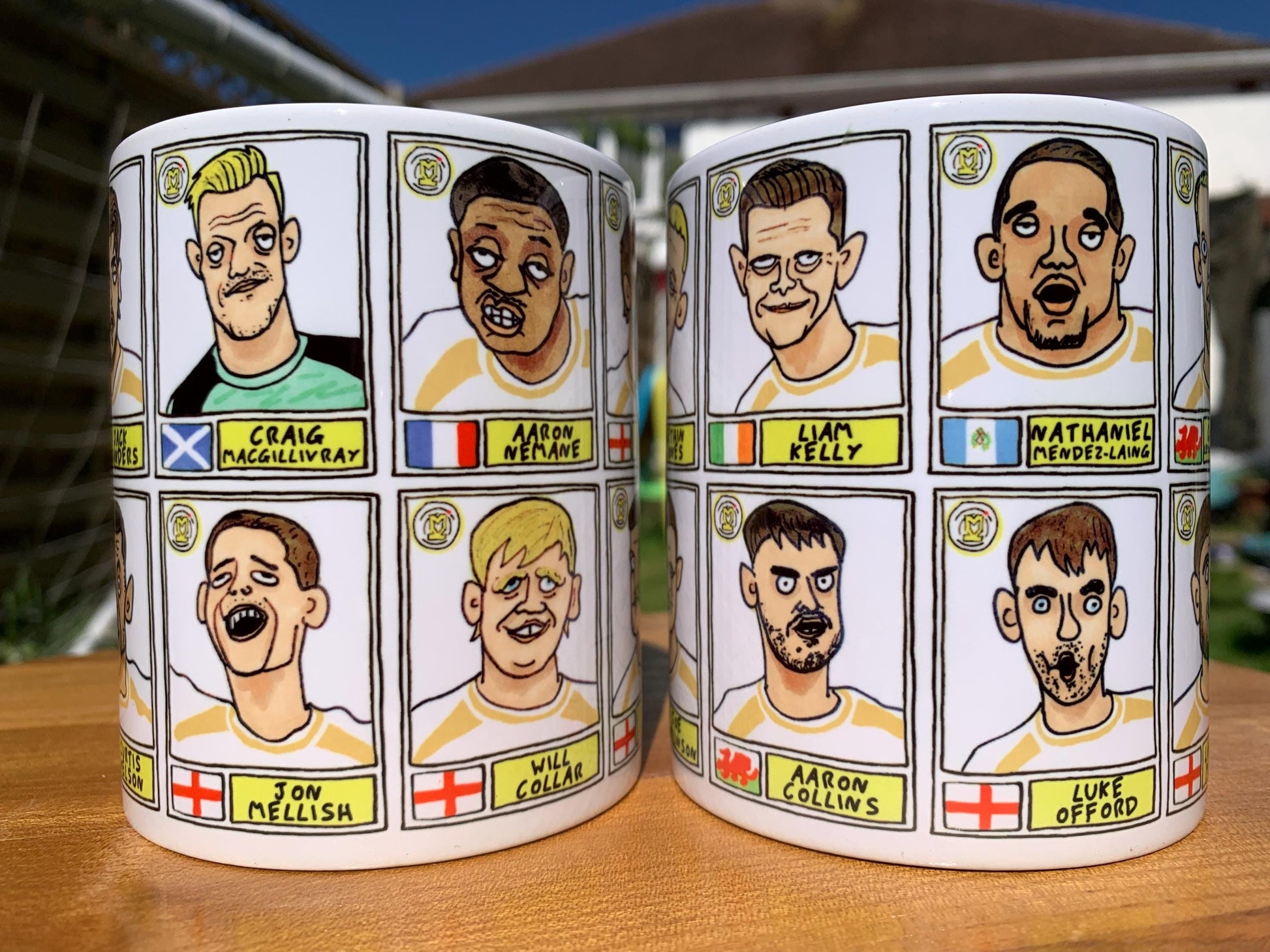 MK Dons - Dons Going Up No Score Draws Mug Set - Set of Two DIFFERENT 11oz Ceramic Mugs with Wonky Doodles Of MKDFC 25/26 Promotion-Winners