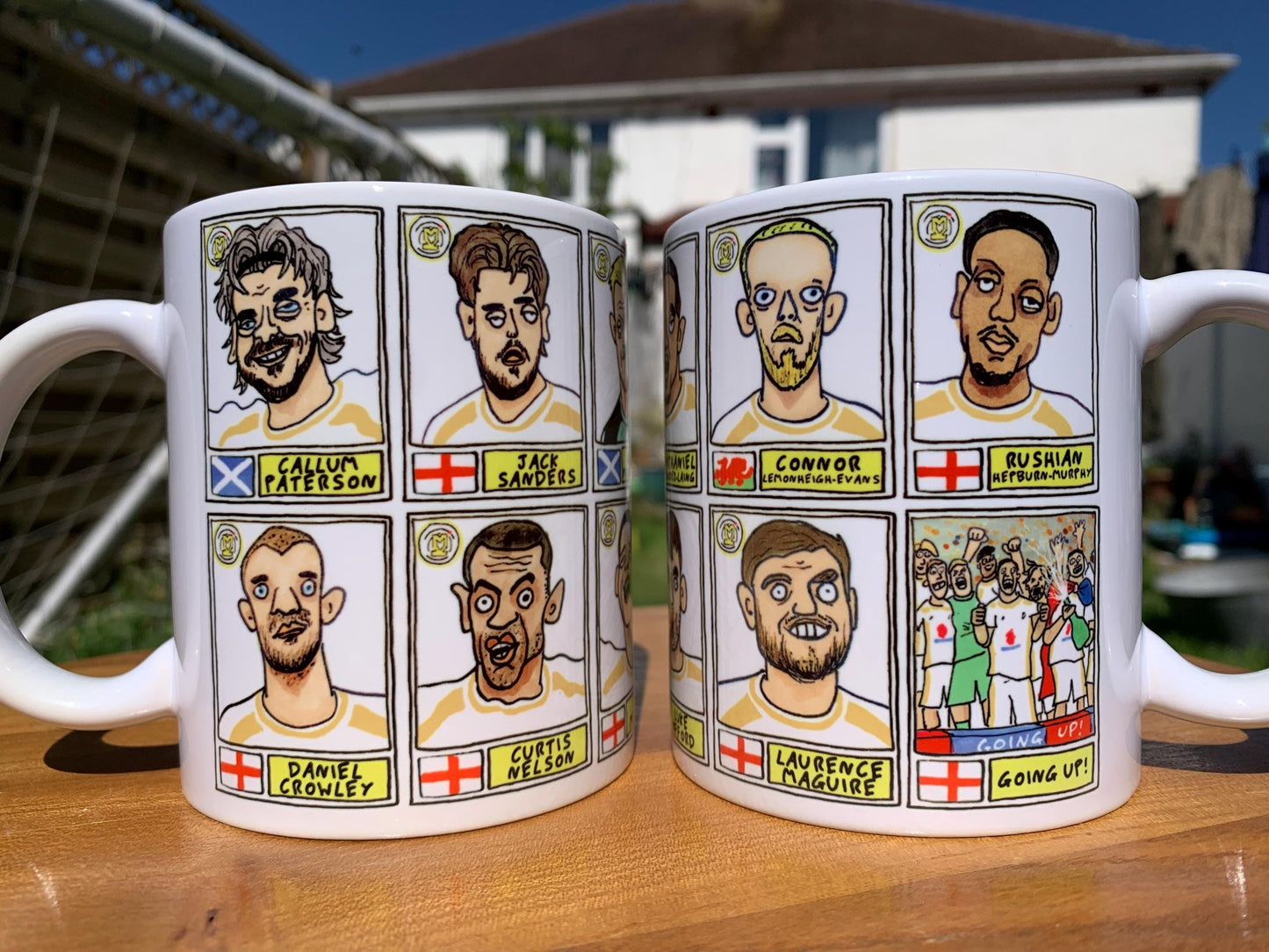 MK Dons - Dons Going Up No Score Draws Mug Set - Set of Two DIFFERENT 11oz Ceramic Mugs with Wonky Doodles Of MKDFC 25/26 Promotion-Winners