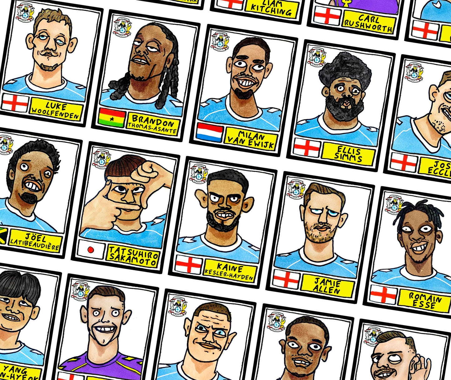 Coventry City Vol 2 - No Score Draws Sky Blues Going Up Edition - A3 print of 24 Wonky Panini-Style Doodles Of CCFC's Promotion-Winning Side
