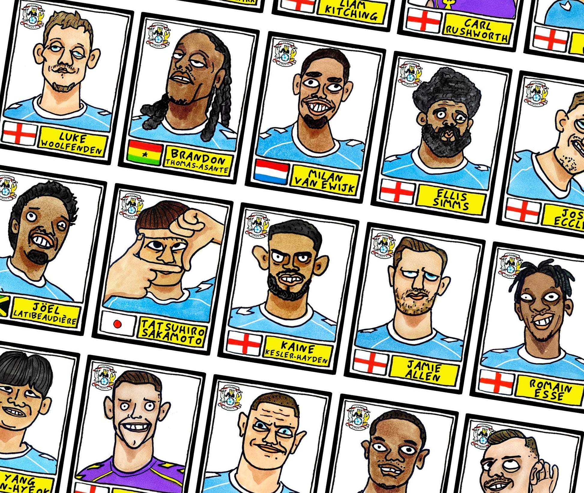 Coventry City Vol 2 - No Score Draws Sky Blues Going Up Edition - A3 print of 24 Wonky Panini-Style Doodles Of CCFC's Promotion-Winning Side