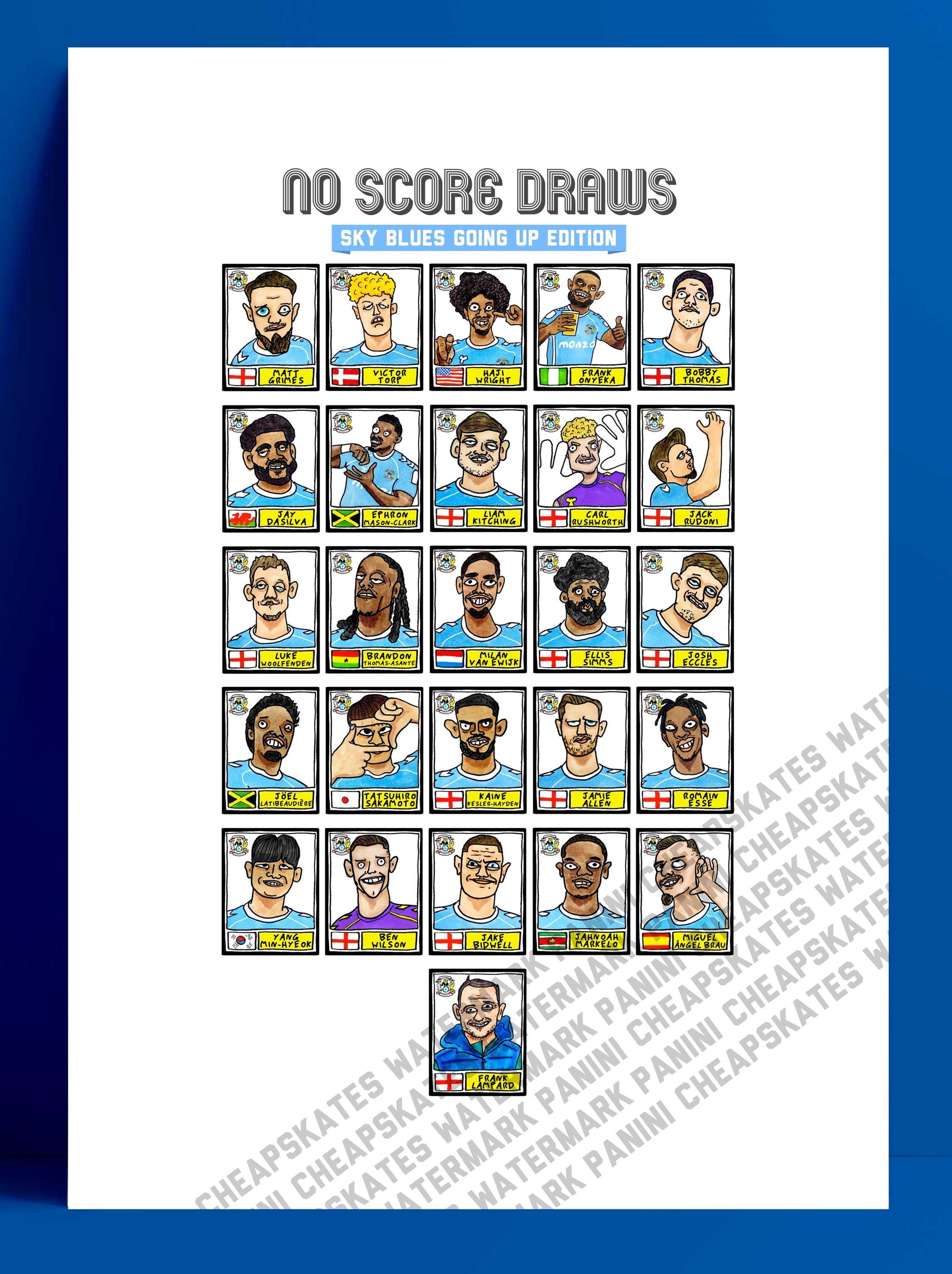 Coventry City Vol 2 - No Score Draws Sky Blues Going Up Edition - A3 print of 24 Wonky Panini-Style Doodles Of CCFC's Promotion-Winning Side