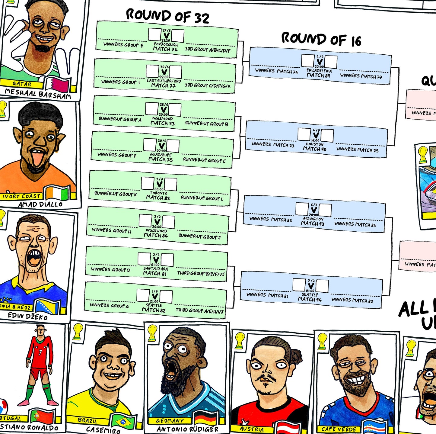 World Cup 2026 Wall Chart - No Score Draws A1 WC2026 Poster Print - Extra Large A1 Size Poster Features 60 Wonky Panini-Style Doodles