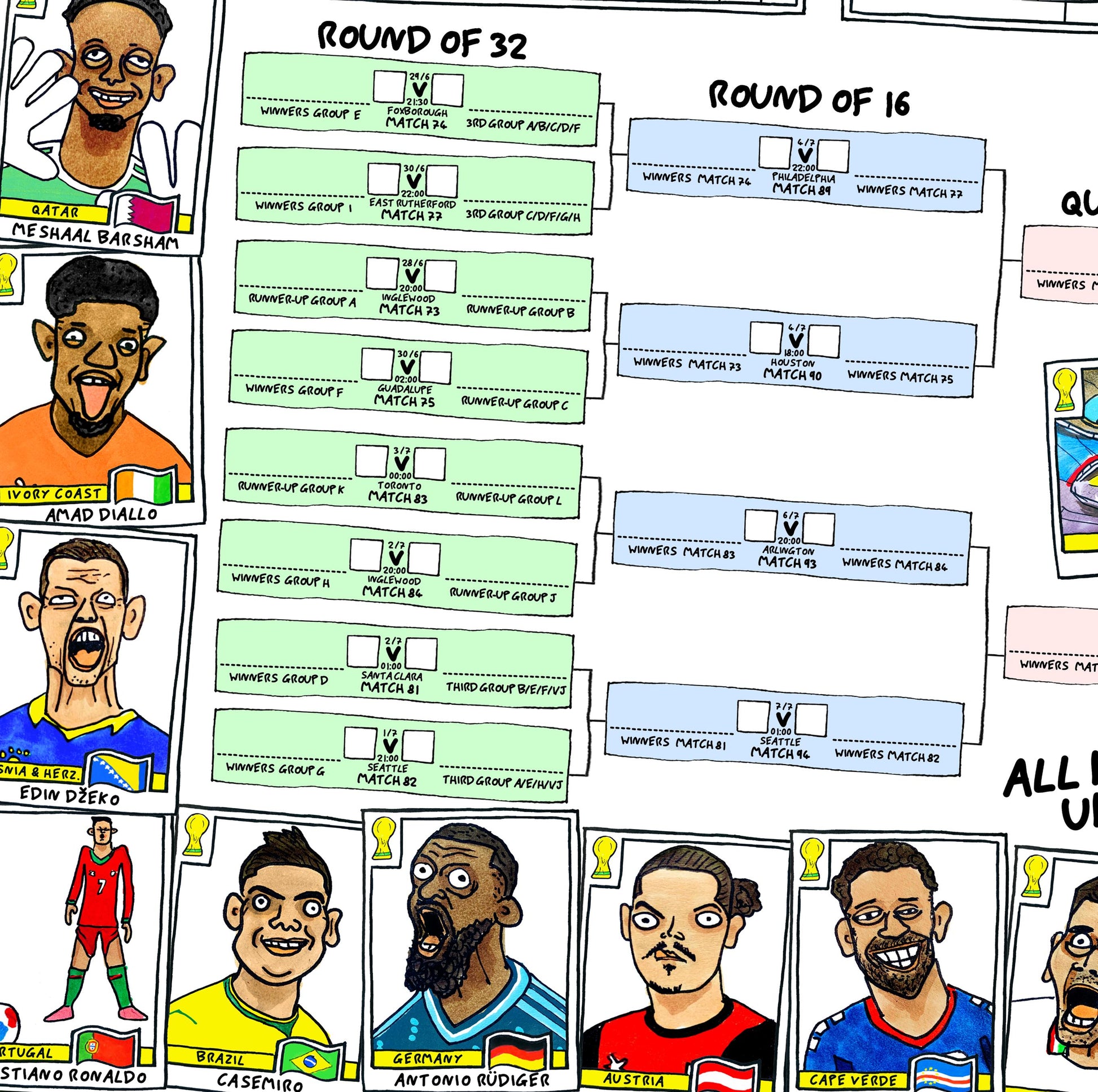World Cup 2026 Wall Chart - No Score Draws A1 WC2026 Poster Print - Extra Large A1 Size Poster Features 60 Wonky Panini-Style Doodles
