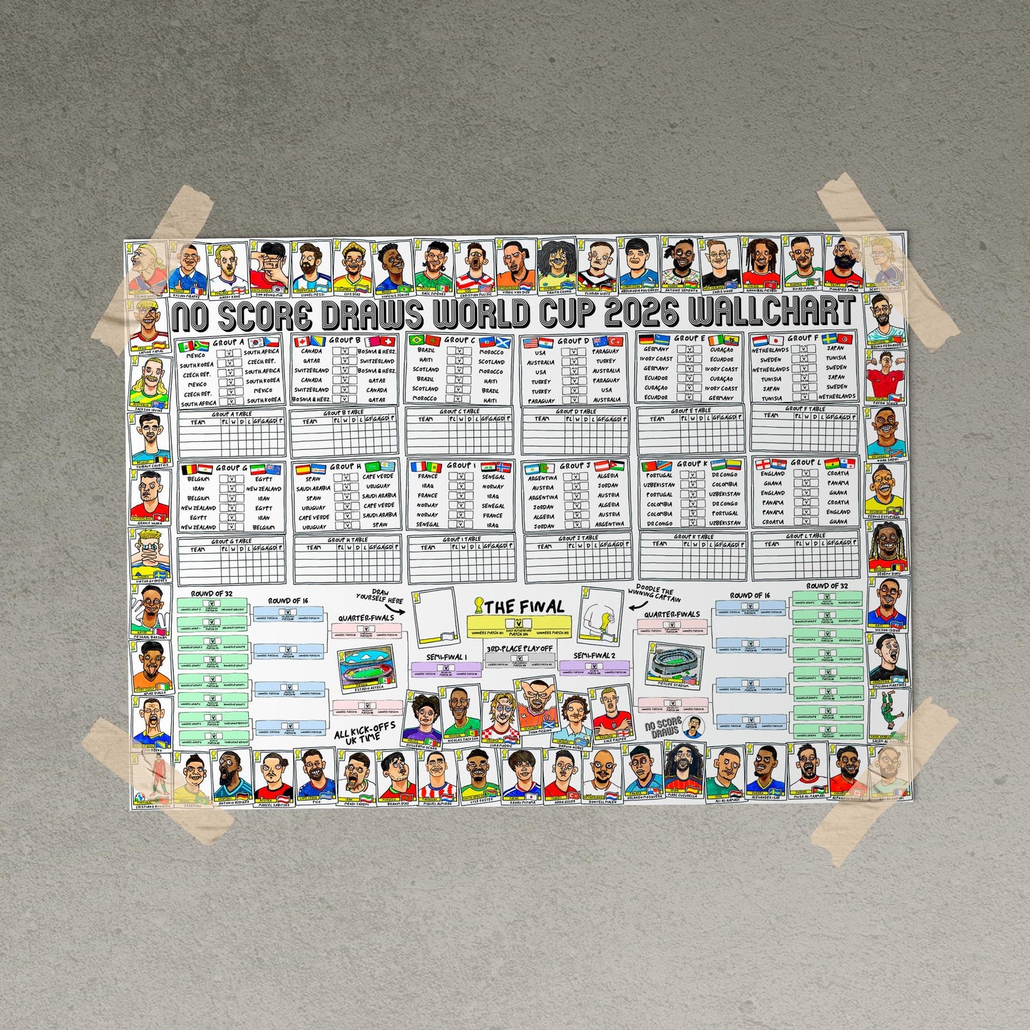 World Cup 2026 Wall Chart - No Score Draws A1 WC2026 Poster Print - Extra Large A1 Size Poster Features 60 Wonky Panini-Style Doodles