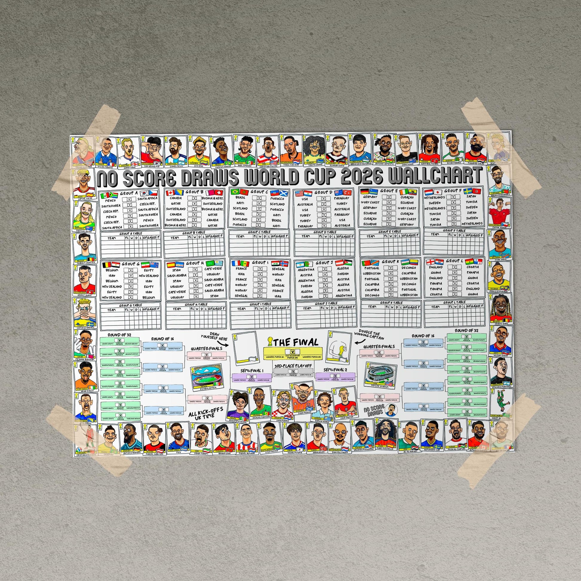 World Cup 2026 Wall Chart - No Score Draws A1 WC2026 Poster Print - Extra Large A1 Size Poster Features 60 Wonky Panini-Style Doodles