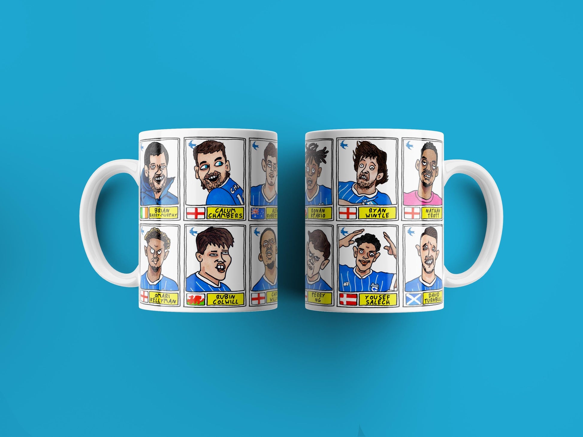 Cardiff City Vol 2 - Bluebirds Going Up No Score Draws Mug Set - Set of TWO DIFFERENT 11oz Ceramic Mugs with Wonky CCFC Doodles