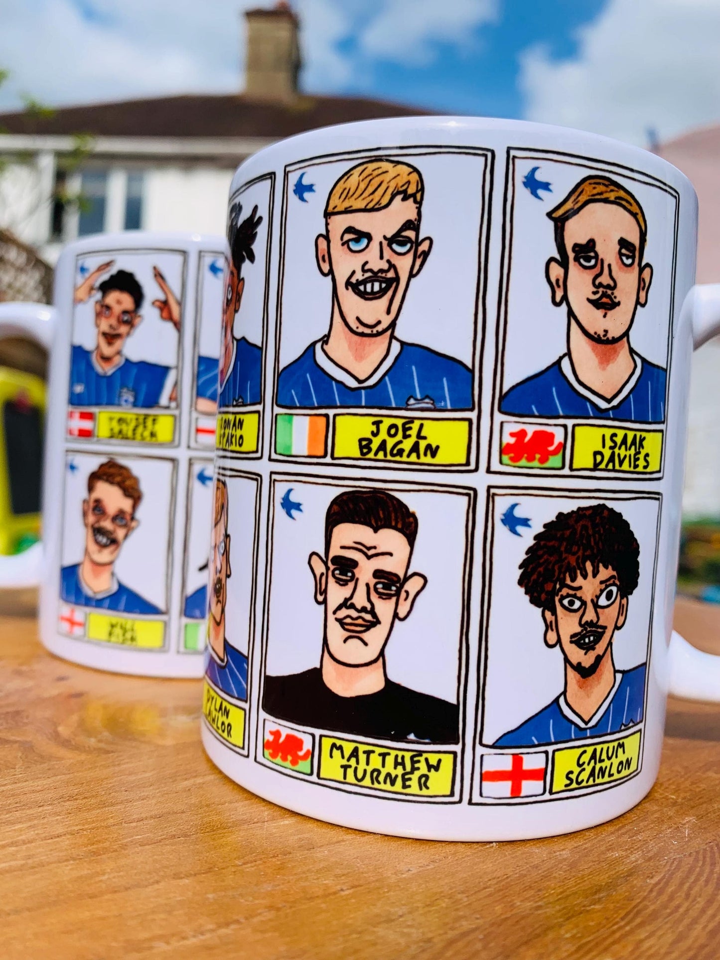 Cardiff City Vol 2 - Bluebirds Going Up No Score Draws Mug Set - Set of TWO DIFFERENT 11oz Ceramic Mugs with Wonky CCFC Doodles