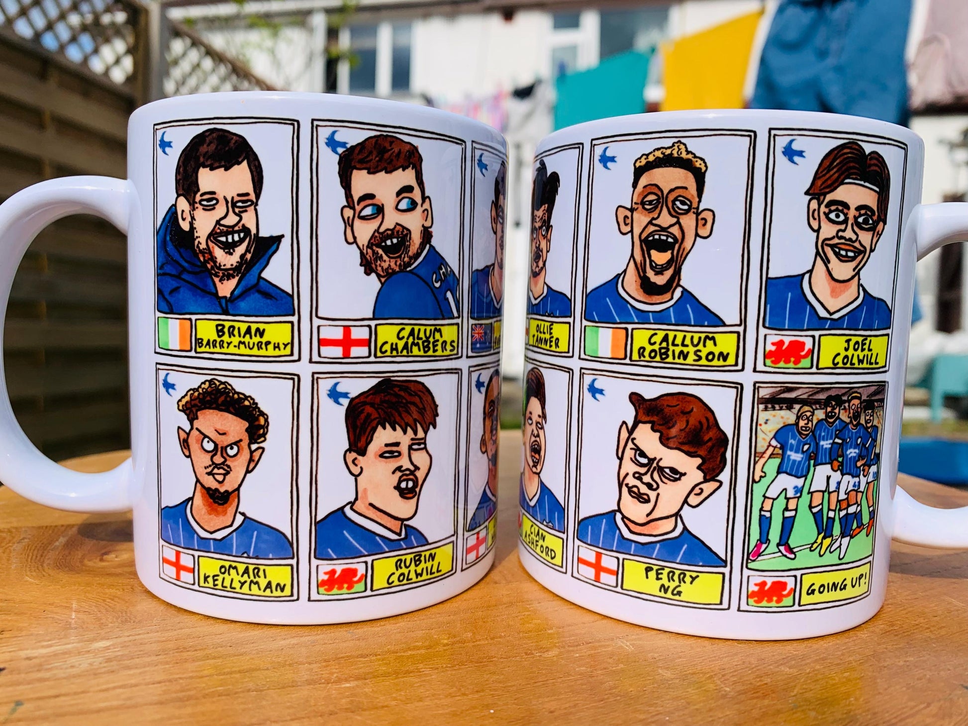 Cardiff City Vol 2 - Bluebirds Going Up No Score Draws Mug Set - Set of TWO DIFFERENT 11oz Ceramic Mugs with Wonky CCFC Doodles