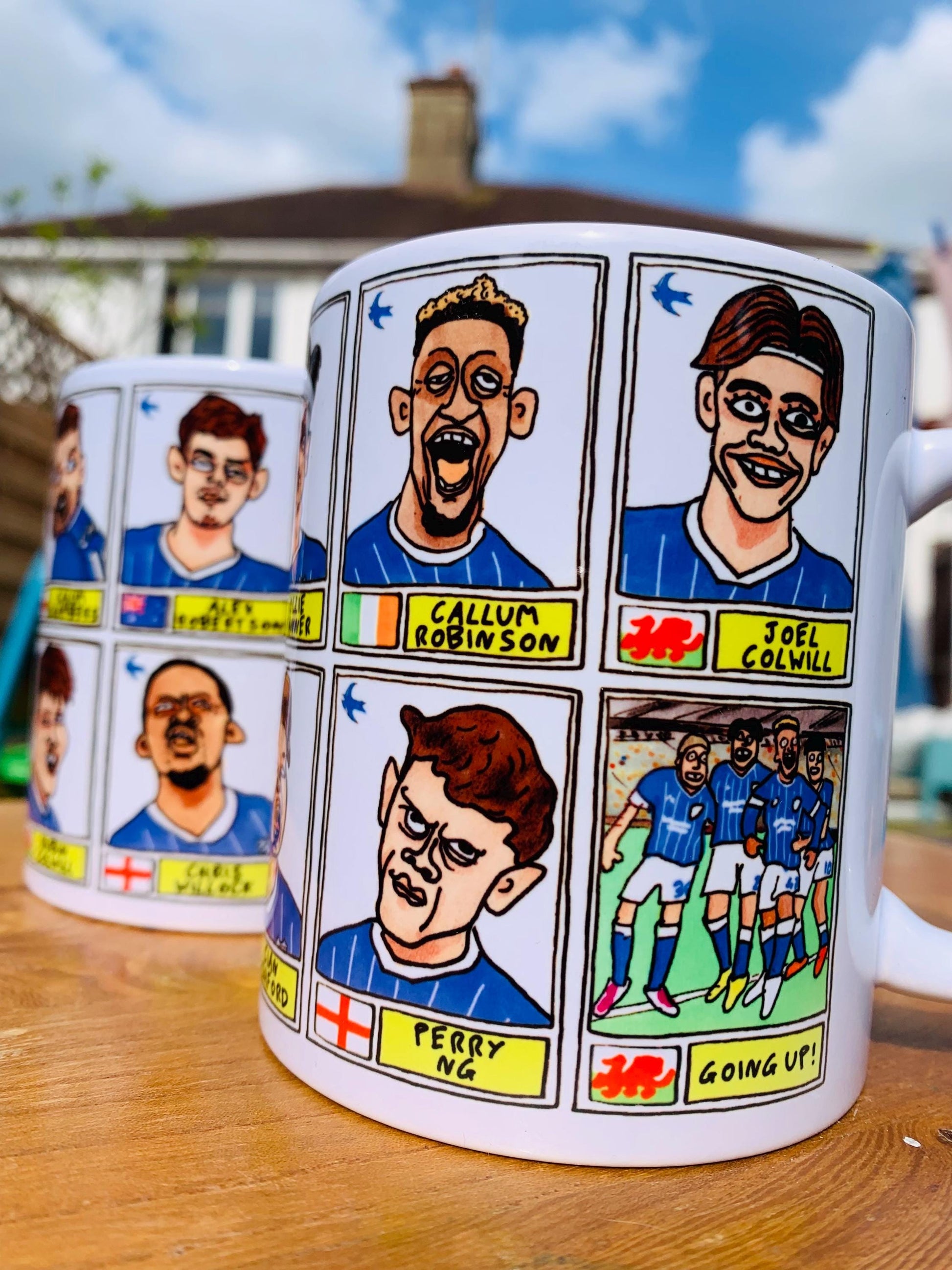 Cardiff City Vol 2 - Bluebirds Going Up No Score Draws Mug Set - Set of TWO DIFFERENT 11oz Ceramic Mugs with Wonky CCFC Doodles