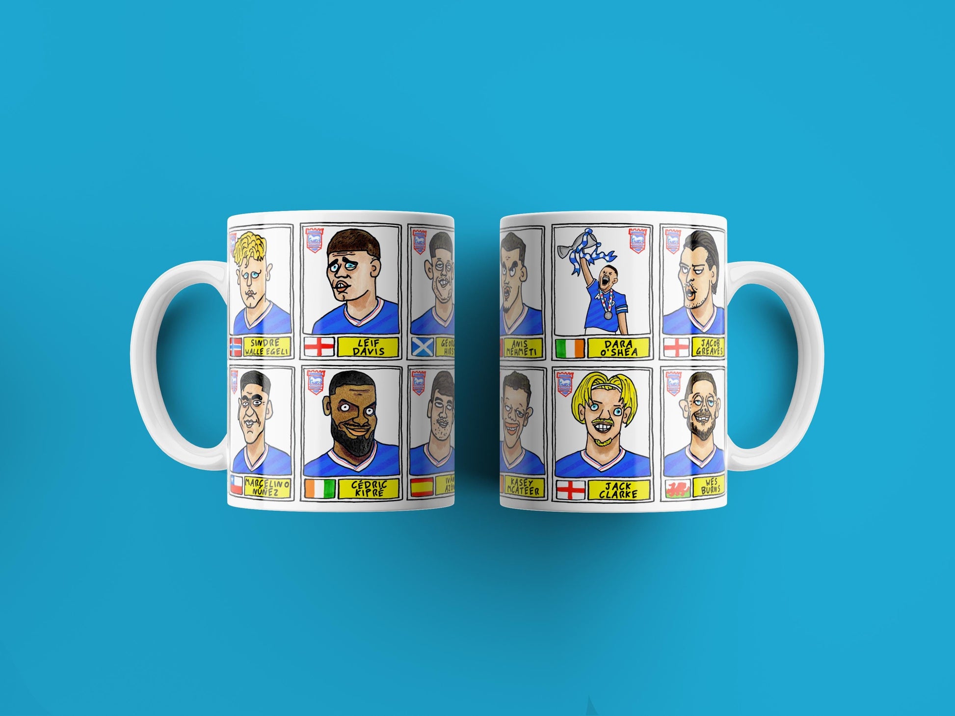 Ipswich Town Vol 4 - Town Going Up No Score Draws Mug Set - Set of TWO DIFFERENT 11oz Ceramic Mugs with Wonky ITFC 25/26 Promotion Doodles