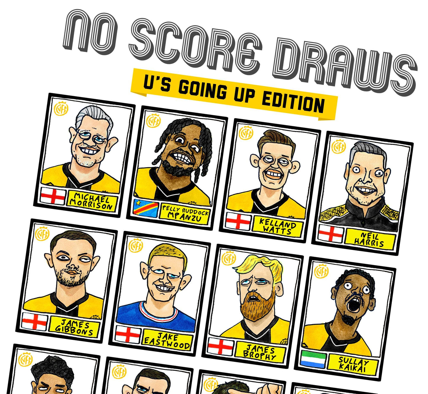 Cambridge Utd Vol 2 - No Score Draws U's Going Up Edition - A3 print of 24 Wonky Panini-Style Doodles Of CUFC's 25/26 Promotion-Winning Side