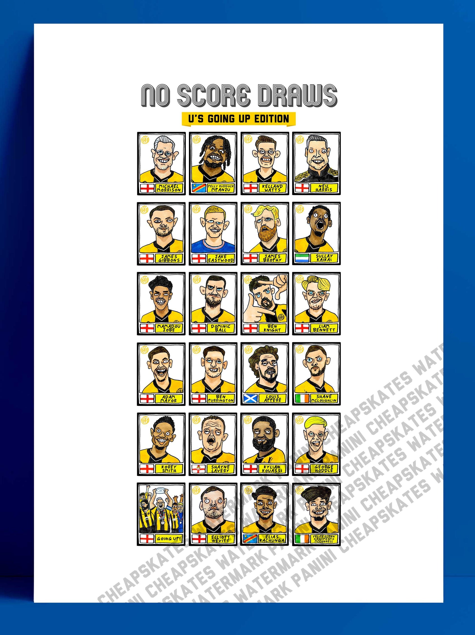 Cambridge Utd Vol 2 - No Score Draws U's Going Up Edition - A3 print of 24 Wonky Panini-Style Doodles Of CUFC's 25/26 Promotion-Winning Side