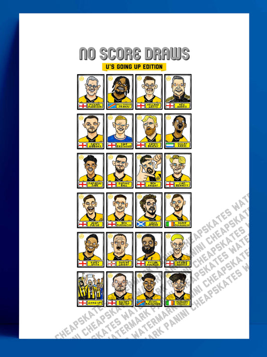 Cambridge Utd Vol 2 - No Score Draws U's Going Up Edition - A3 print of 24 Wonky Panini-Style Doodles Of CUFC's 25/26 Promotion-Winning Side