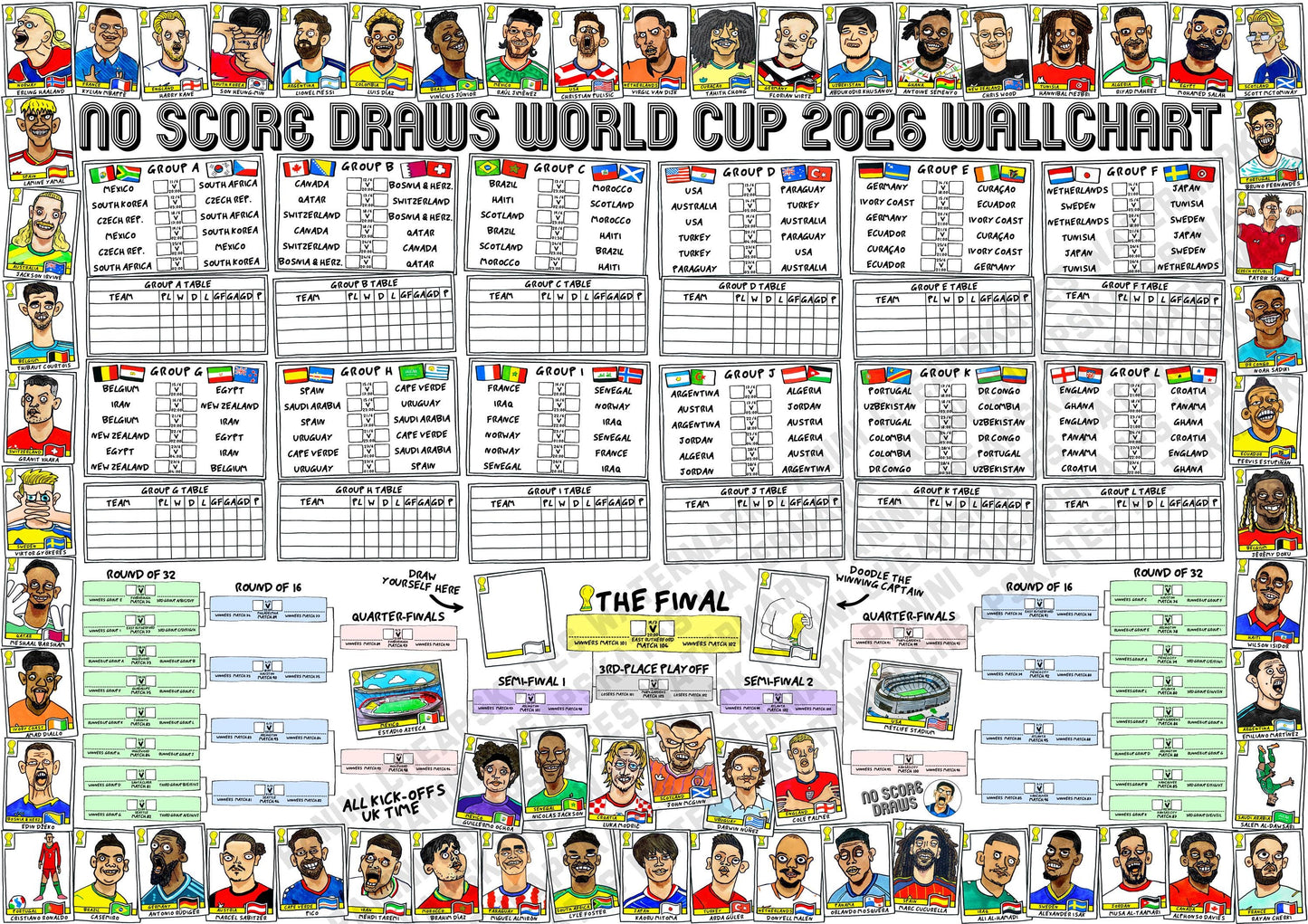 World Cup 2026 Wall Chart - No Score Draws A1 WC2026 Poster Print - Extra Large A1 Size Poster Features 60 Wonky Panini-Style Doodles