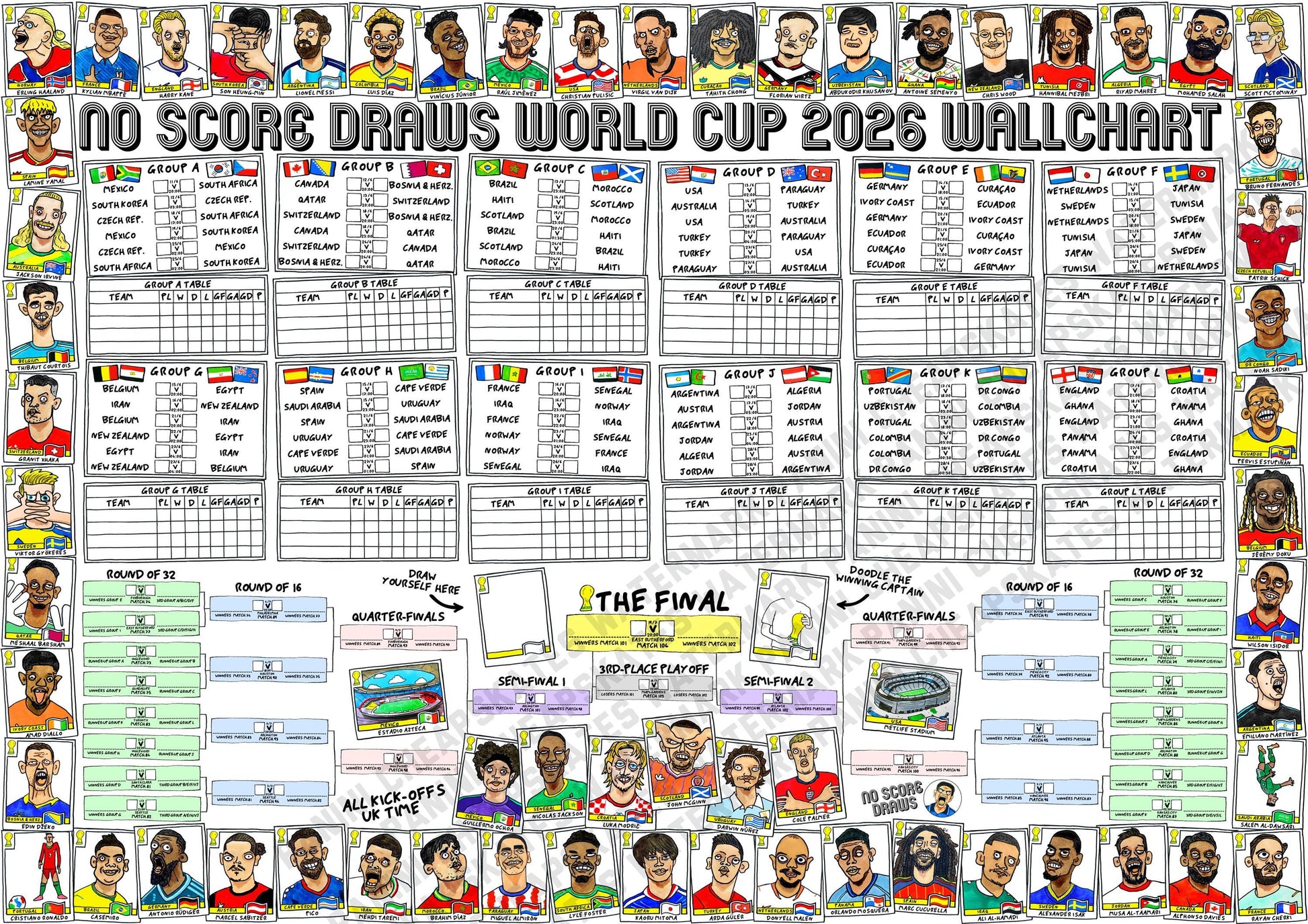 World Cup 2026 Wall Chart - No Score Draws A1 WC2026 Poster Print - Extra Large A1 Size Poster Features 60 Wonky Panini-Style Doodles