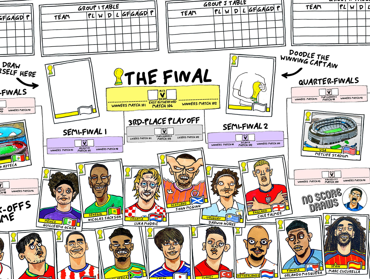 World Cup 2026 Wall Chart - No Score Draws A1 WC2026 Poster Print - Extra Large A1 Size Poster Features 60 Wonky Panini-Style Doodles