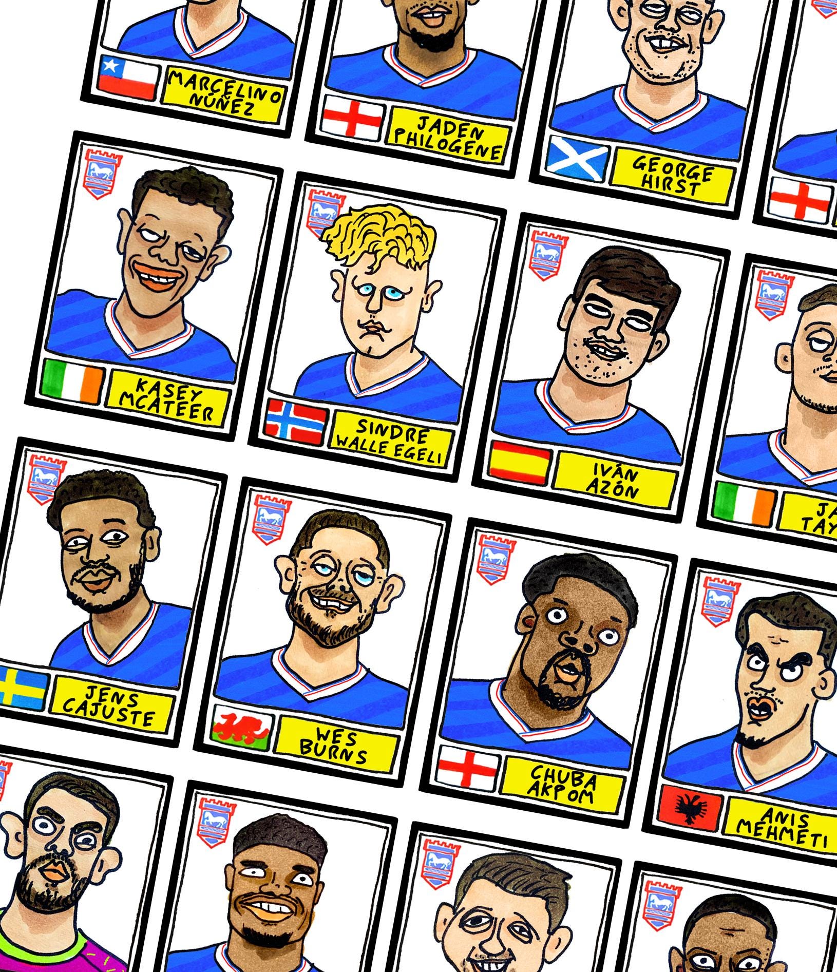 Ipswich Town Vol 4 - No Score Draws Town Going Up Edition - A3 print of 24 Wonky Panini-Style Doodles Of ITFC's 25/26 Promotion-Winning Side