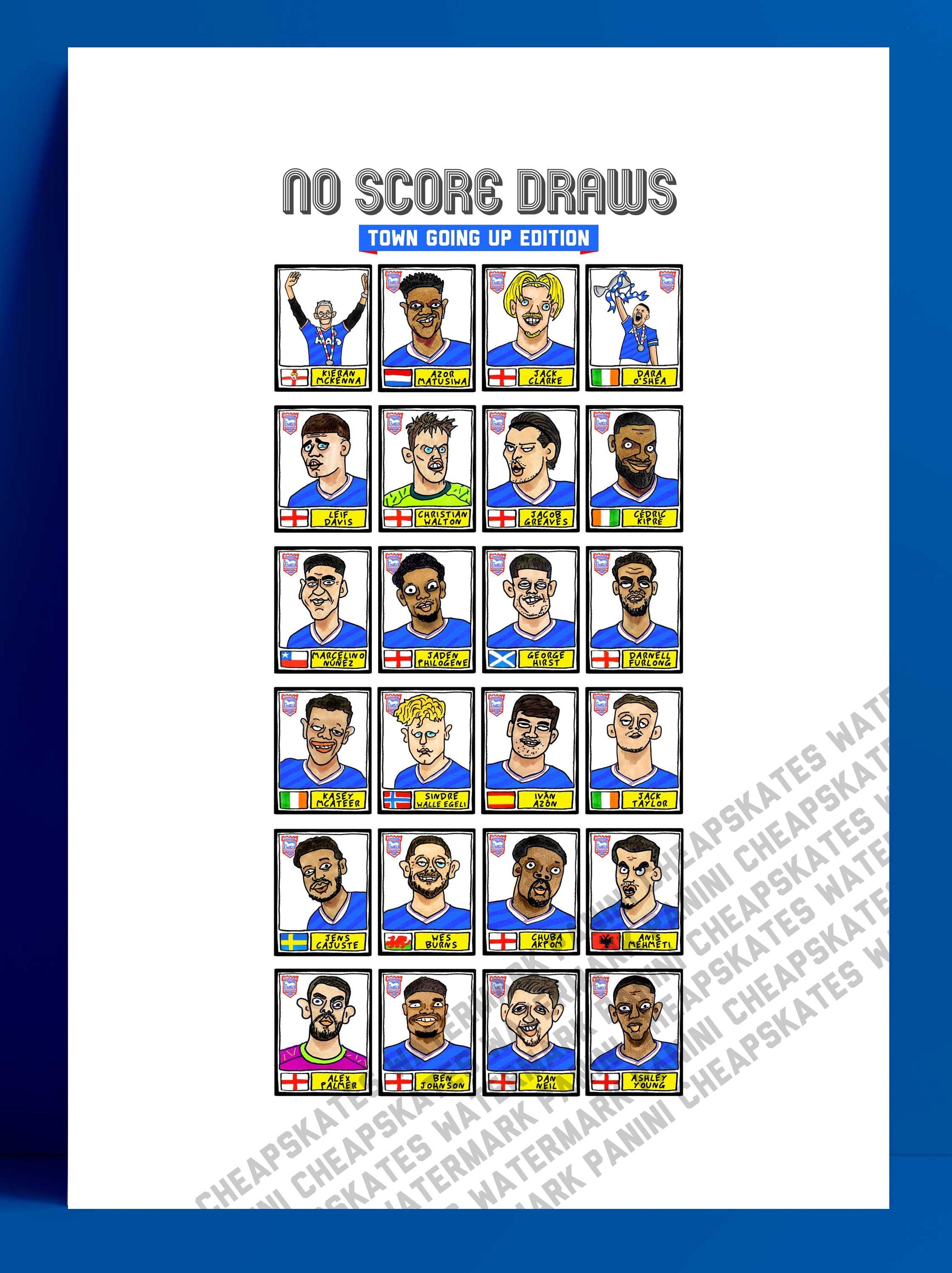 Ipswich Town Vol 4 - No Score Draws Town Going Up Edition - A3 print of 24 Wonky Panini-Style Doodles Of ITFC's 25/26 Promotion-Winning Side