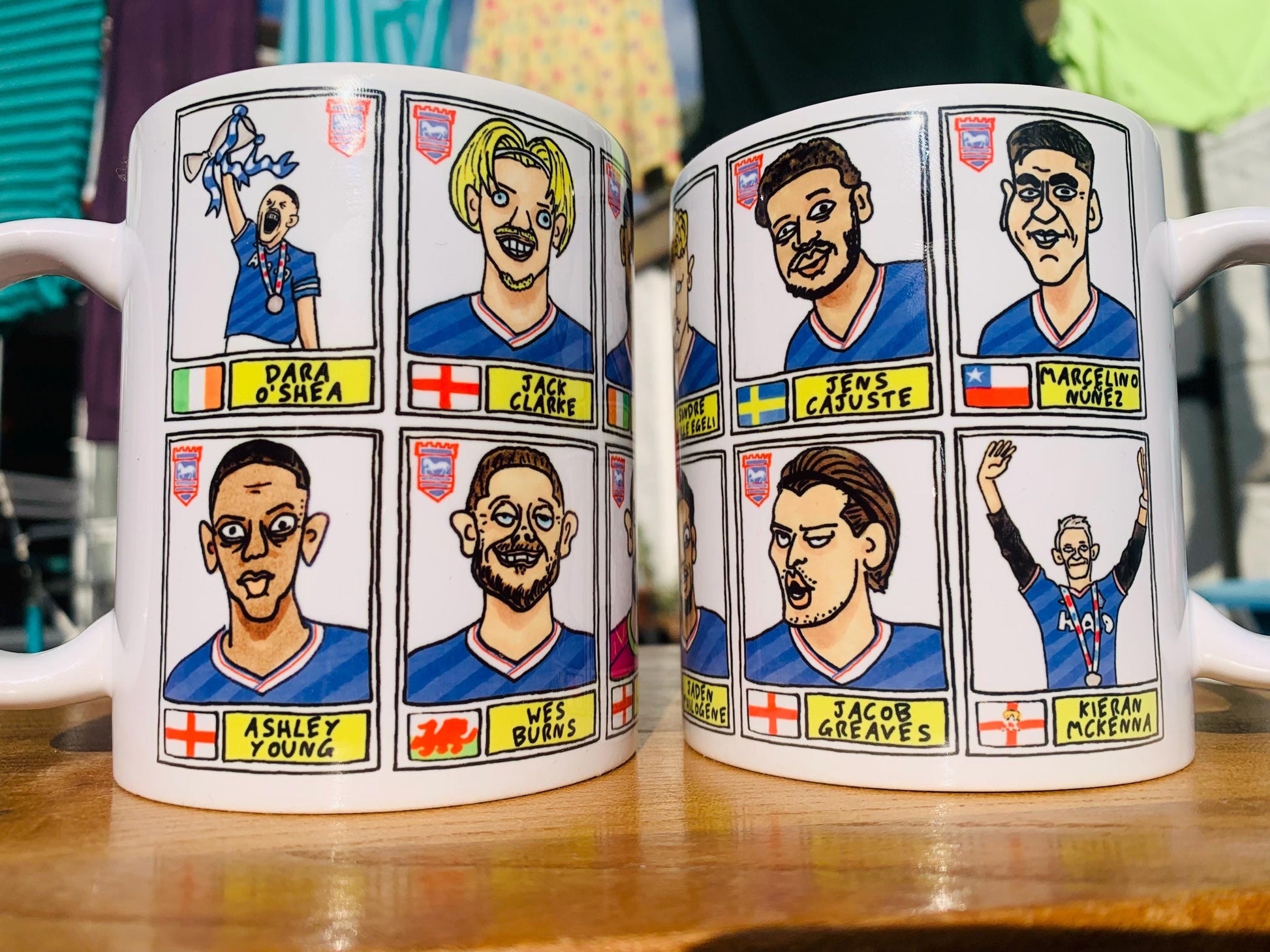 Ipswich Town Vol 4 - Town Going Up No Score Draws Mug Set - Set of TWO DIFFERENT 11oz Ceramic Mugs with Wonky ITFC 25/26 Promotion Doodles