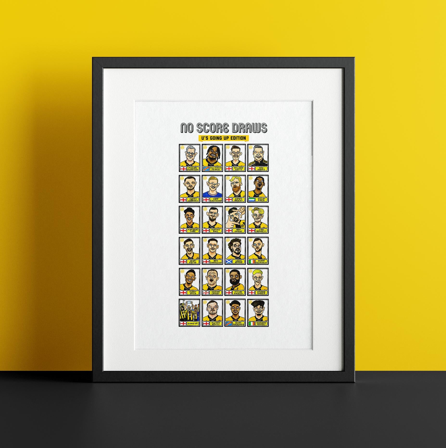 Cambridge Utd Vol 2 - No Score Draws U's Going Up Edition - A3 print of 24 Wonky Panini-Style Doodles Of CUFC's 25/26 Promotion-Winning Side