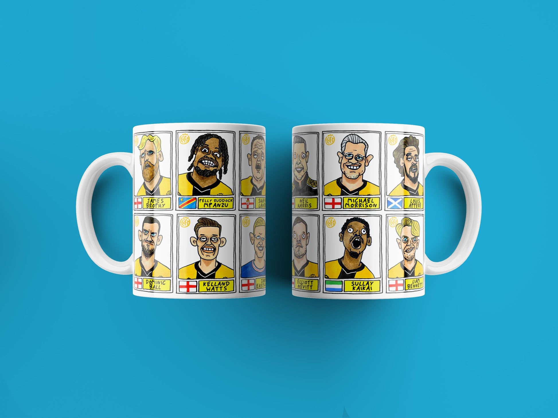 Cambridge Utd Vol 2 - U's Going Up No Score Draws Mug Set - Set of TWO DIFFERENT 11oz Ceramic Mugs with Wonky CUFC 25/26 Promotion Doodles
