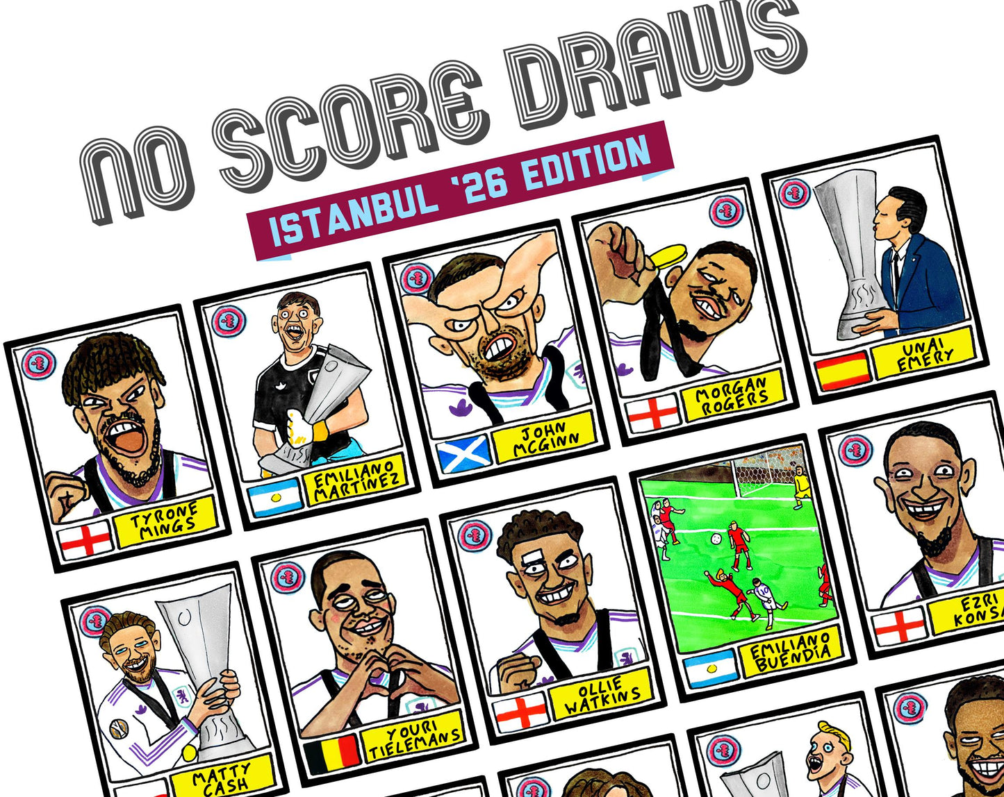 Aston Villa Europa League CHAMPIONS - No Score Draws Istanbul '26 Edition - A3 print of 26 hand-drawn wonky Panini-doodles of AVFC 25/26